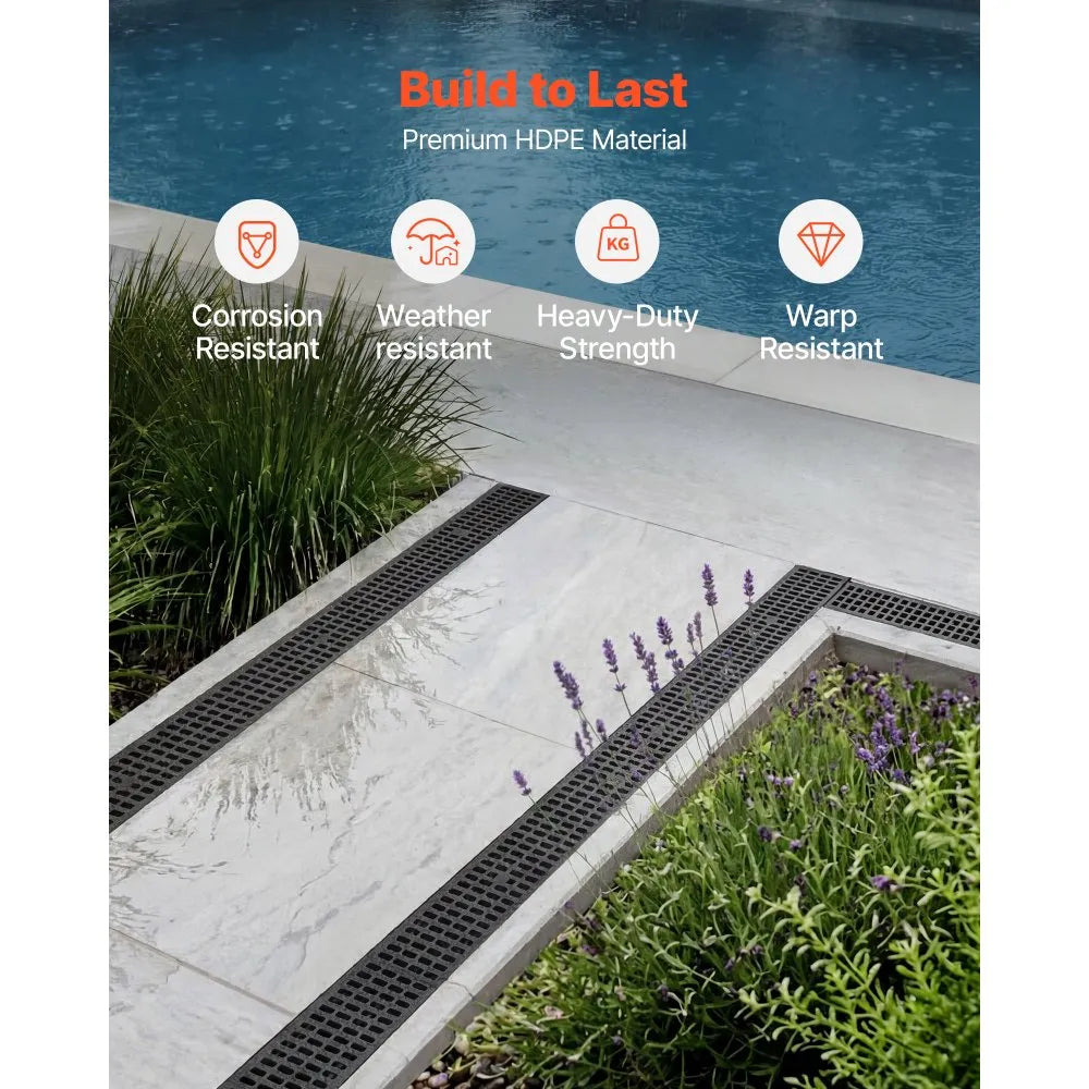 Trench Drain 12-Pack Linear Drainage Channel System with Grates & End Caps | HDPE Outdoor Drain for Driveways, Patios, Pools & Gardens
