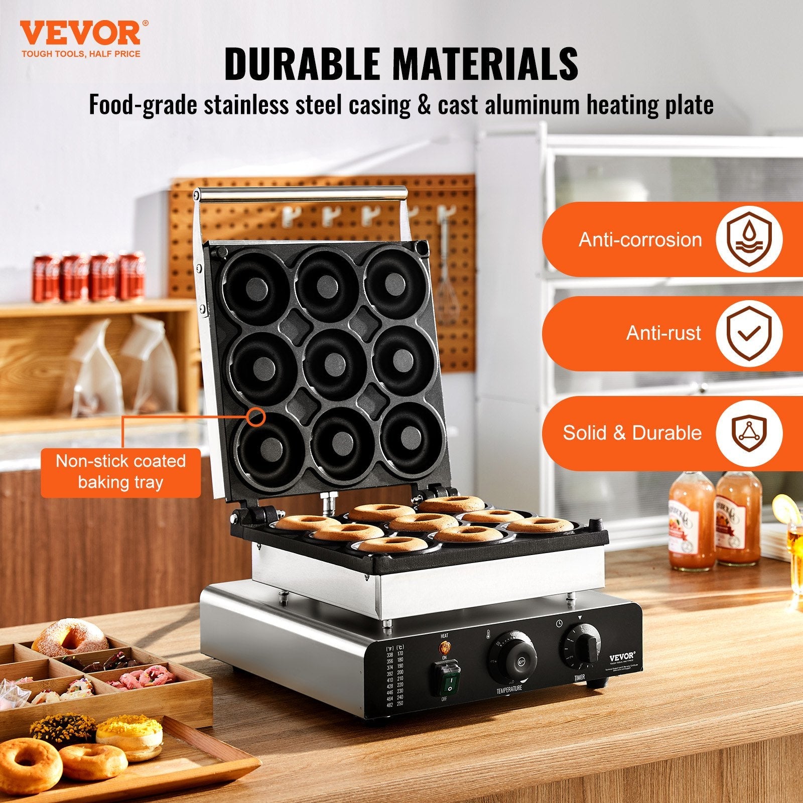 VEVOR Electric Donut Maker, 2000W Commercial Doughnut Machine with Non-stick Surface, 9 Holes Double-Sided Heating Waffle Machine Makes 9 Doughnuts, Temperature 122-572?, for Restaurant and Home Use 