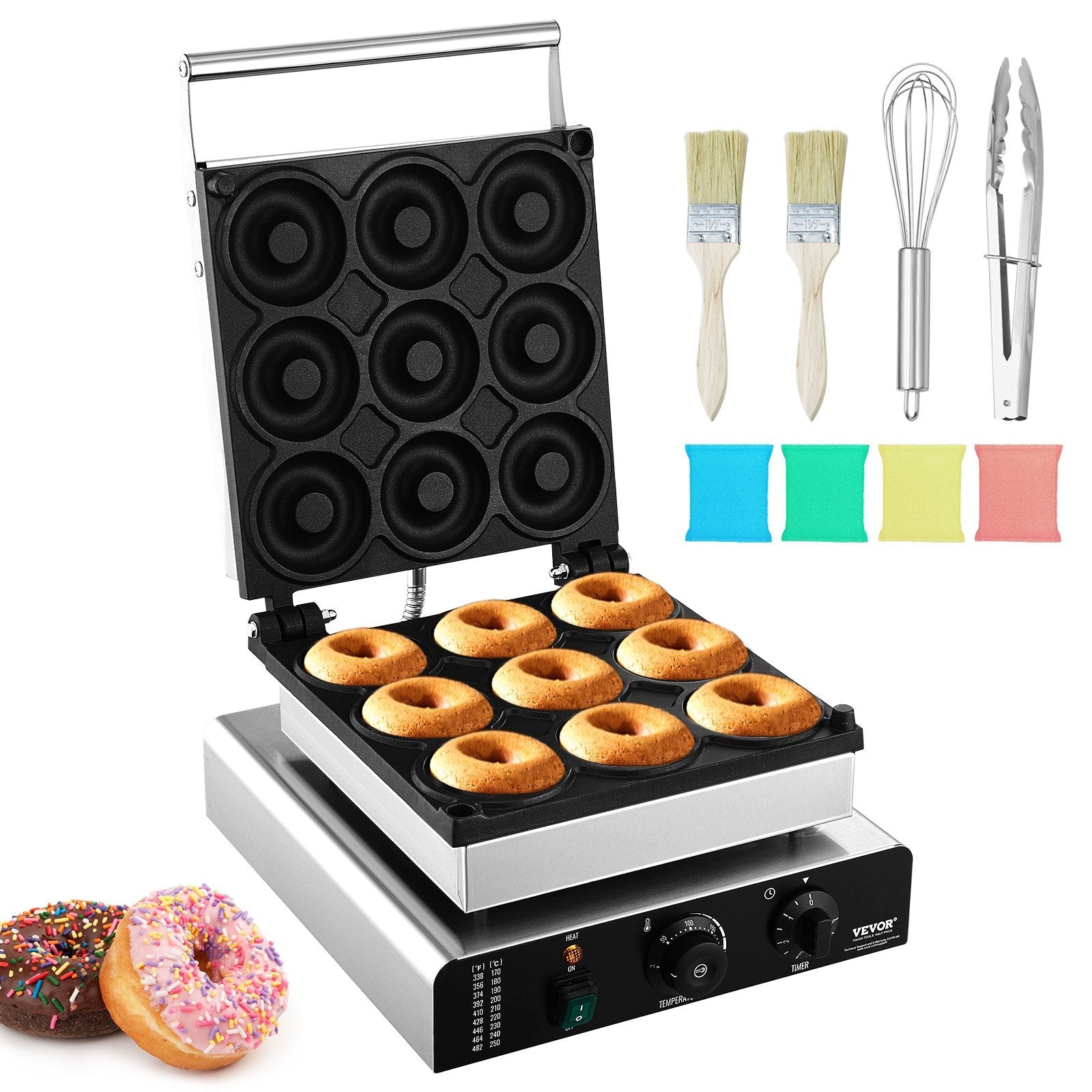 VEVOR Electric Donut Maker, 2000W Commercial Doughnut Machine with Non-stick Surface, 9 Holes Double-Sided Heating Waffle Machine Makes 9 Doughnuts, Temperature 122-572?, for Restaurant and Home Use 