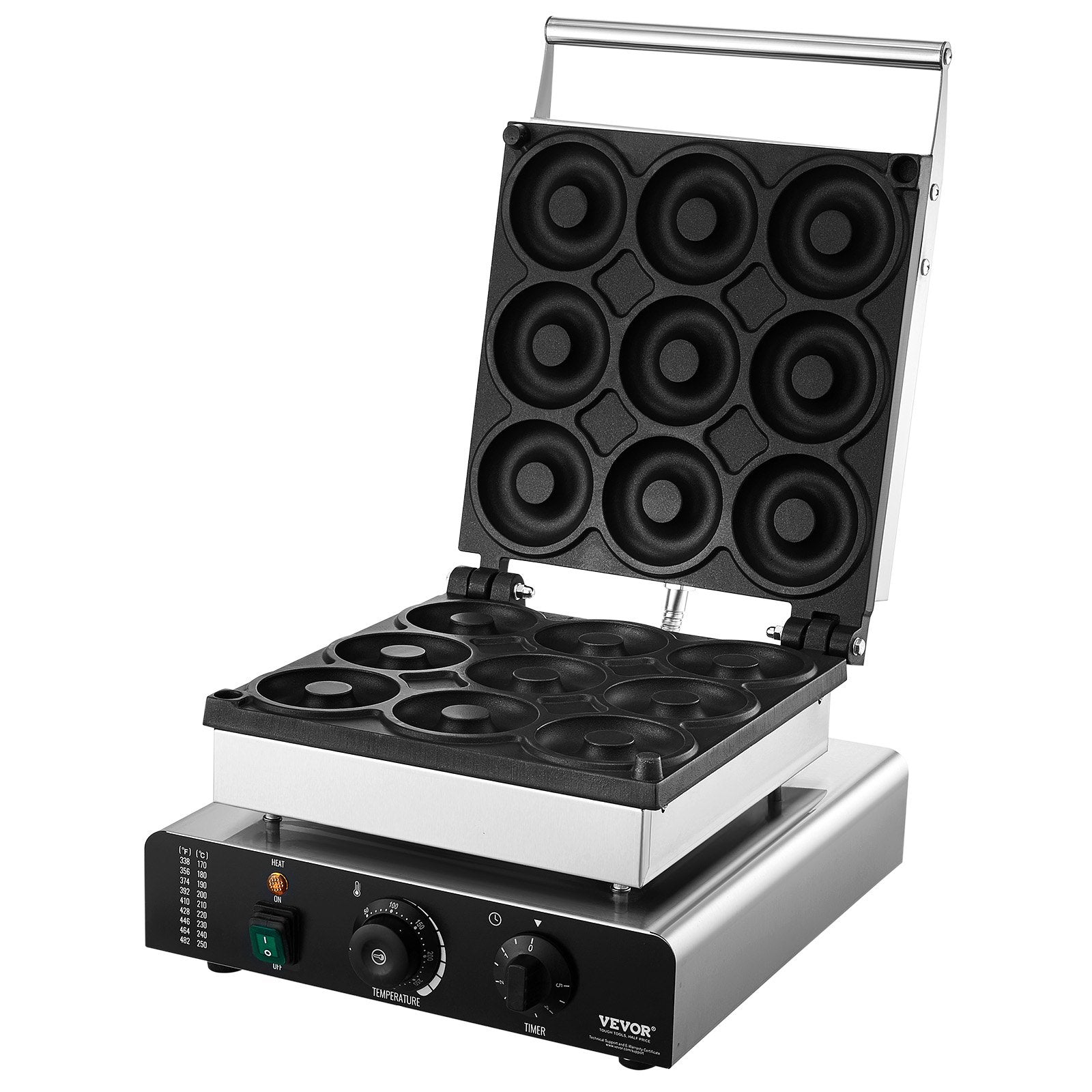 VEVOR Electric Donut Maker, 2000W Commercial Doughnut Machine with Non-stick Surface, 9 Holes Double-Sided Heating Waffle Machine Makes 9 Doughnuts, Temperature 122-572?, for Restaurant and Home Use 