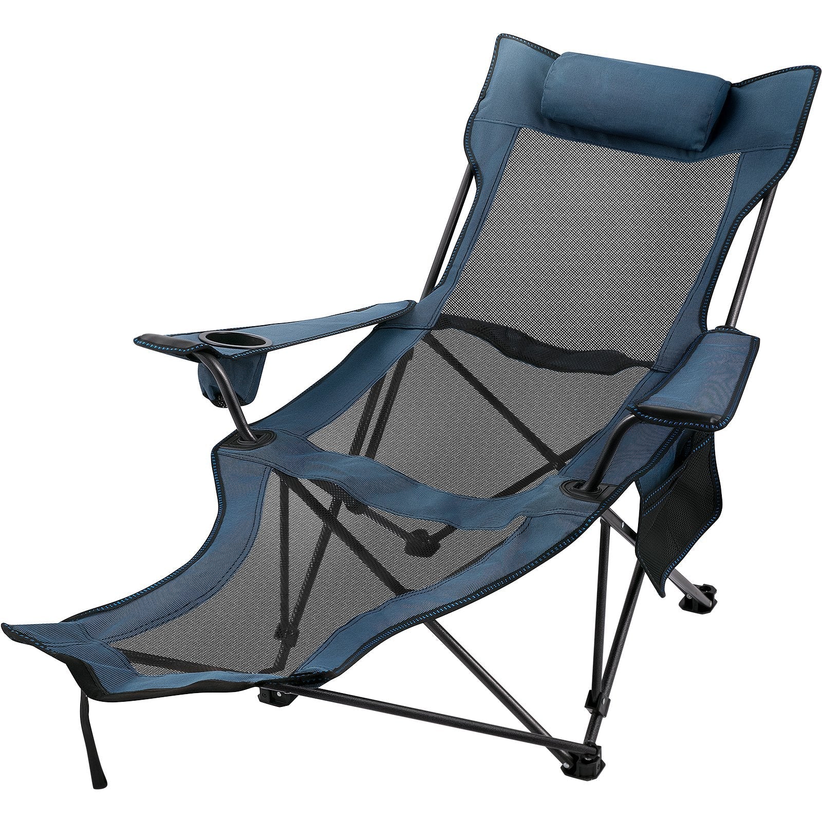 VEVOR Folding Camp Chair with Footrest Mesh, Portable Lounge Chair with Cup Holder and Storage Bag, for Camping Fishing and Other Outdoor Activities (Blue) 
