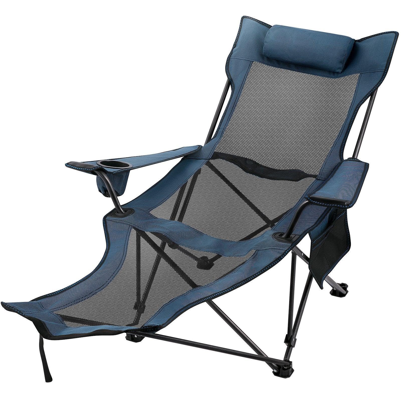 VEVOR Folding Camp Chair with Footrest Mesh, Portable Lounge Chair with Cup Holder and Storage Bag, for Camping Fishing and Other Outdoor Activities (Blue) 