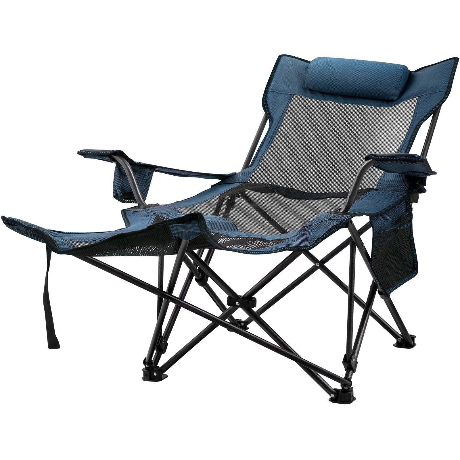 VEVOR Folding Camp Chair with Footrest Mesh, Portable Lounge Chair with Cup Holder and Storage Bag, for Camping Fishing and Other Outdoor Activities (Blue) 