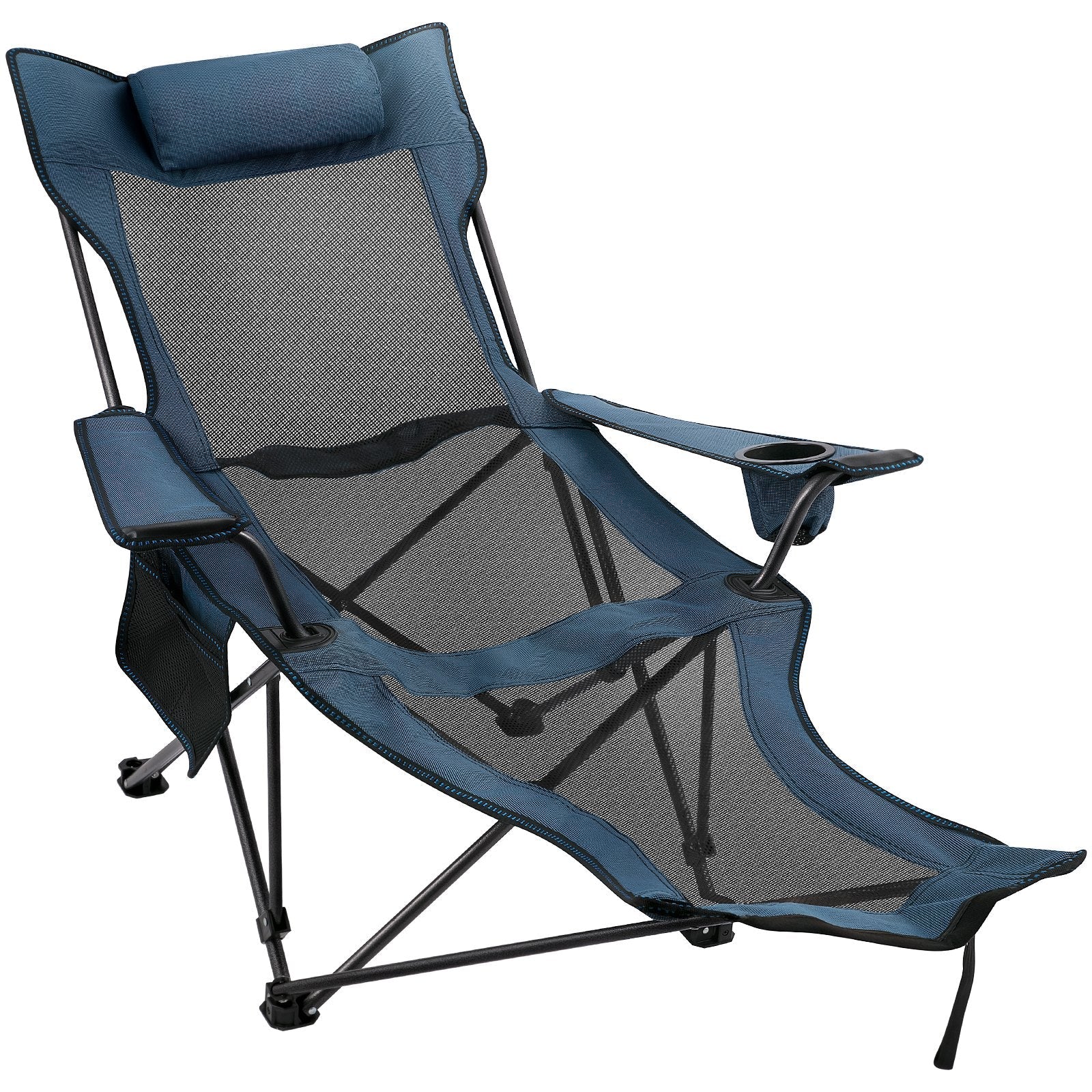 VEVOR Folding Camp Chair with Footrest Mesh, Portable Lounge Chair with Cup Holder and Storage Bag, for Camping Fishing and Other Outdoor Activities (Blue) 