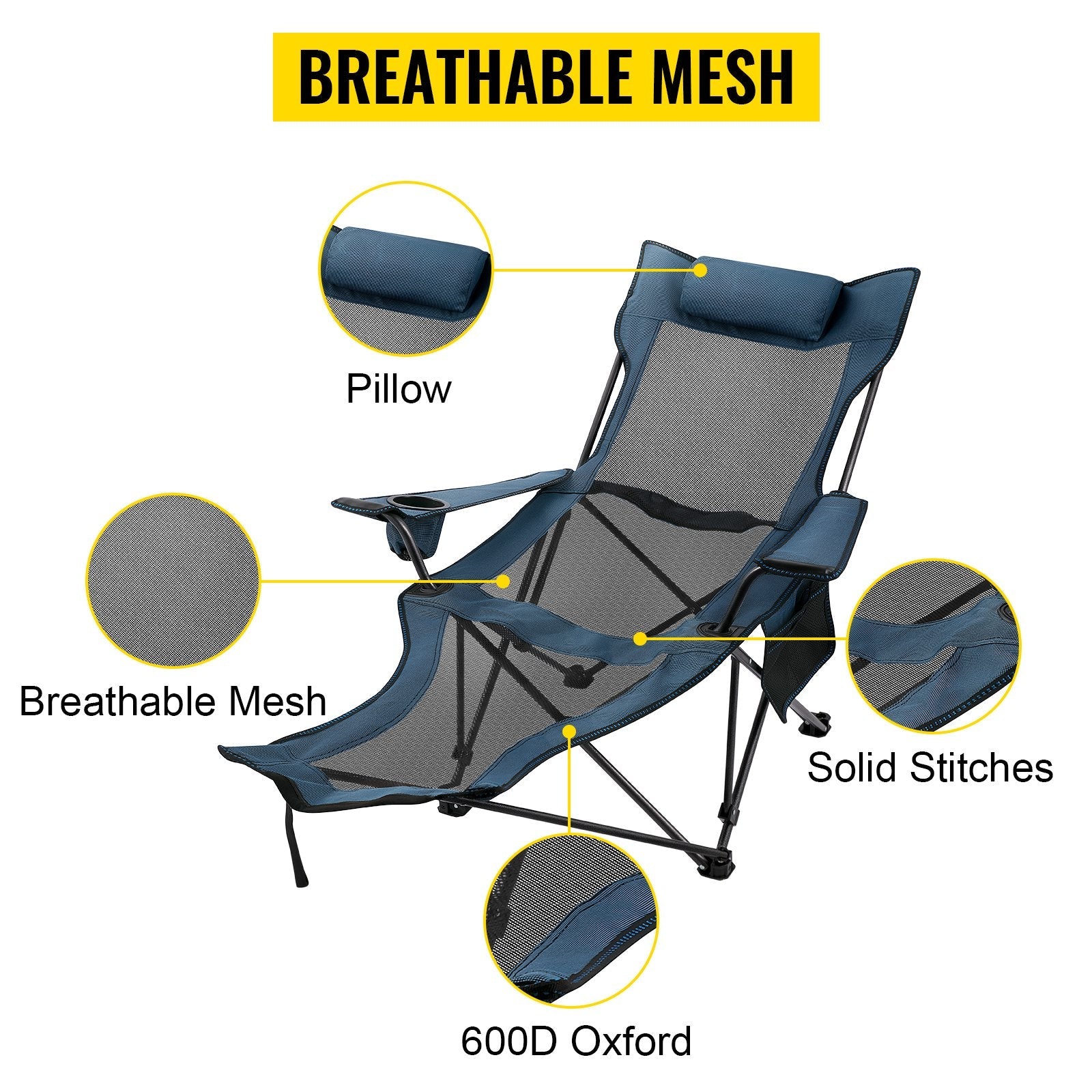 VEVOR Folding Camp Chair with Footrest Mesh, Portable Lounge Chair with Cup Holder and Storage Bag, for Camping Fishing and Other Outdoor Activities (Blue) 