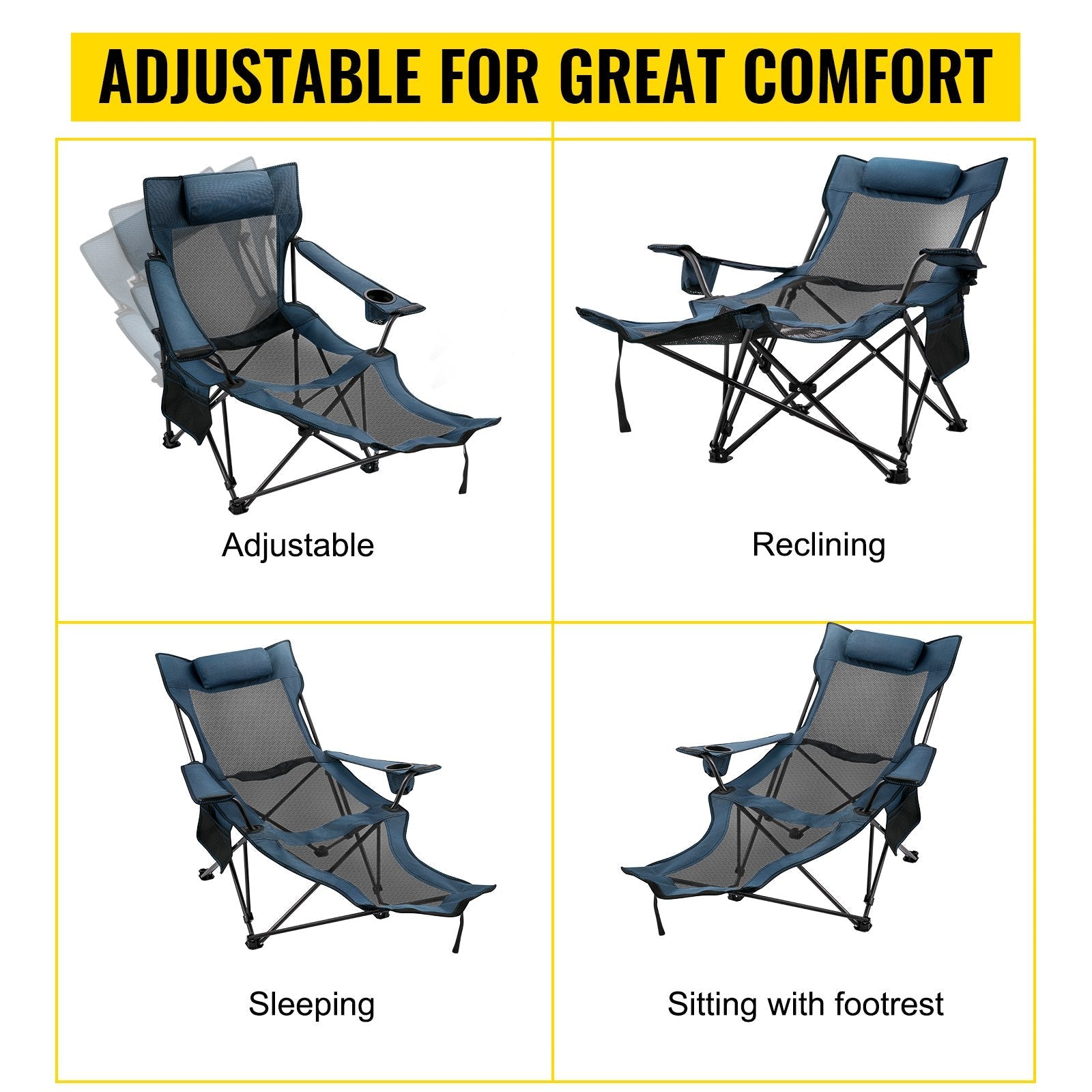 VEVOR Folding Camp Chair with Footrest Mesh, Portable Lounge Chair with Cup Holder and Storage Bag, for Camping Fishing and Other Outdoor Activities (Blue) 