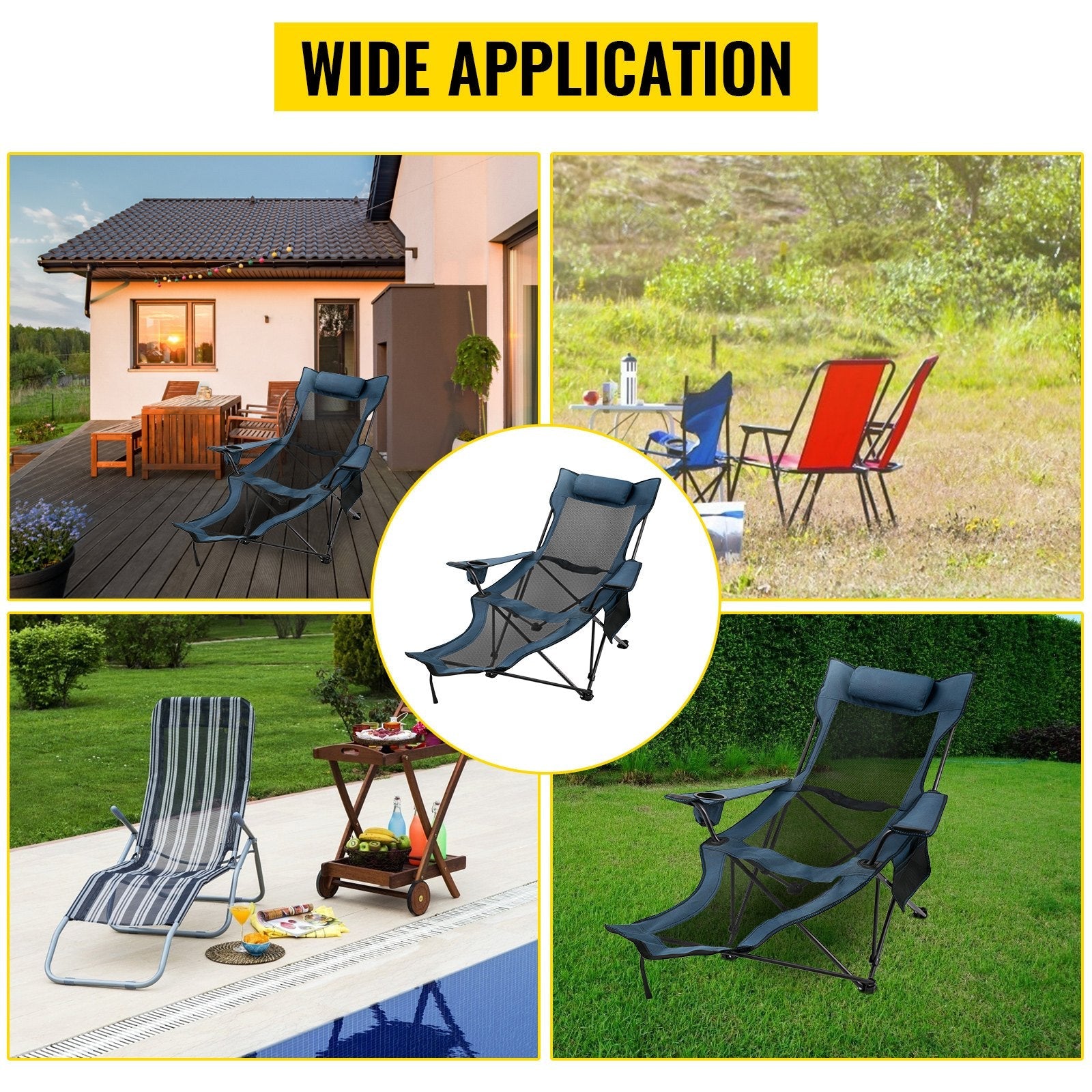 VEVOR Folding Camp Chair with Footrest Mesh, Portable Lounge Chair with Cup Holder and Storage Bag, for Camping Fishing and Other Outdoor Activities (Blue) 