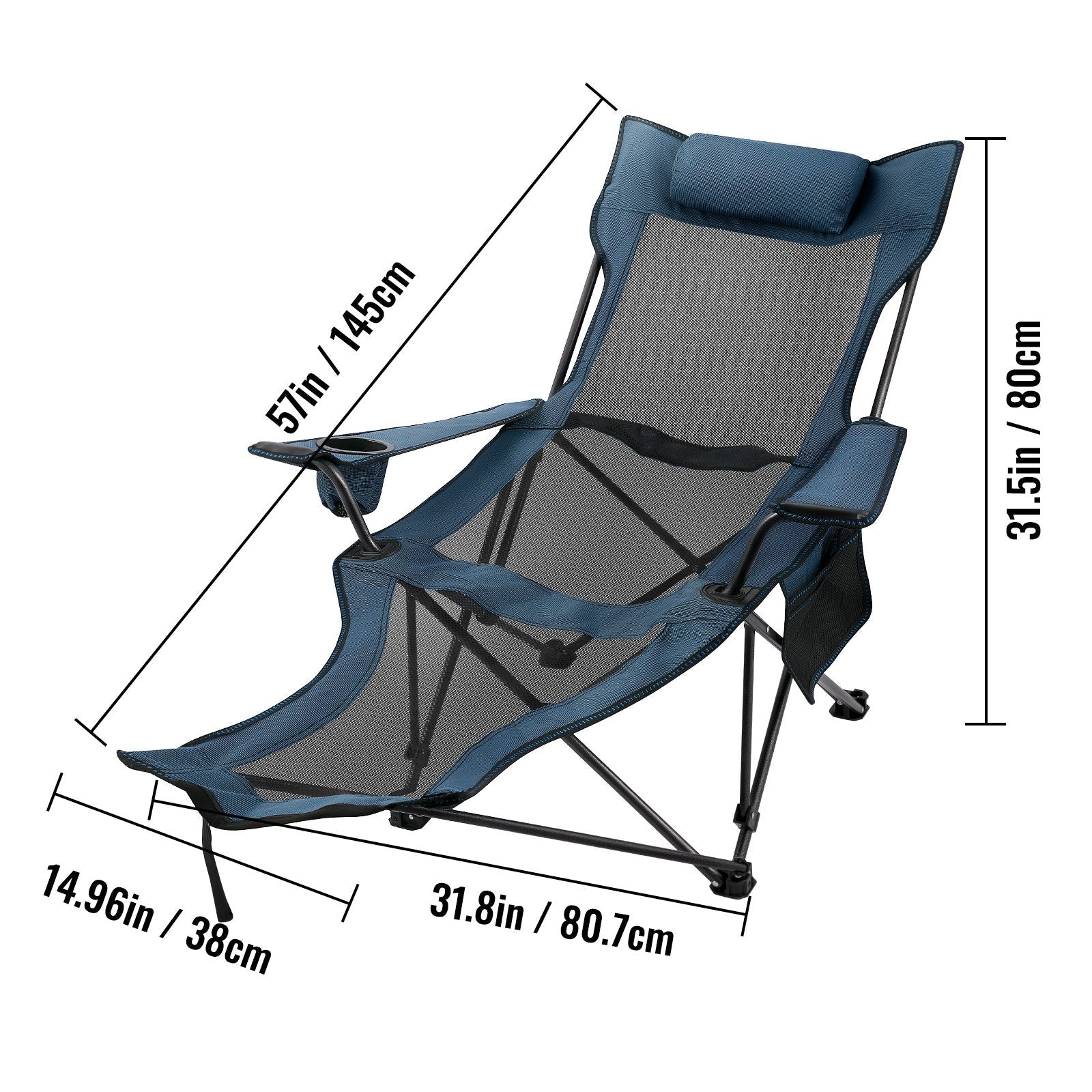 VEVOR Folding Camp Chair with Footrest Mesh, Portable Lounge Chair with Cup Holder and Storage Bag, for Camping Fishing and Other Outdoor Activities (Blue) 