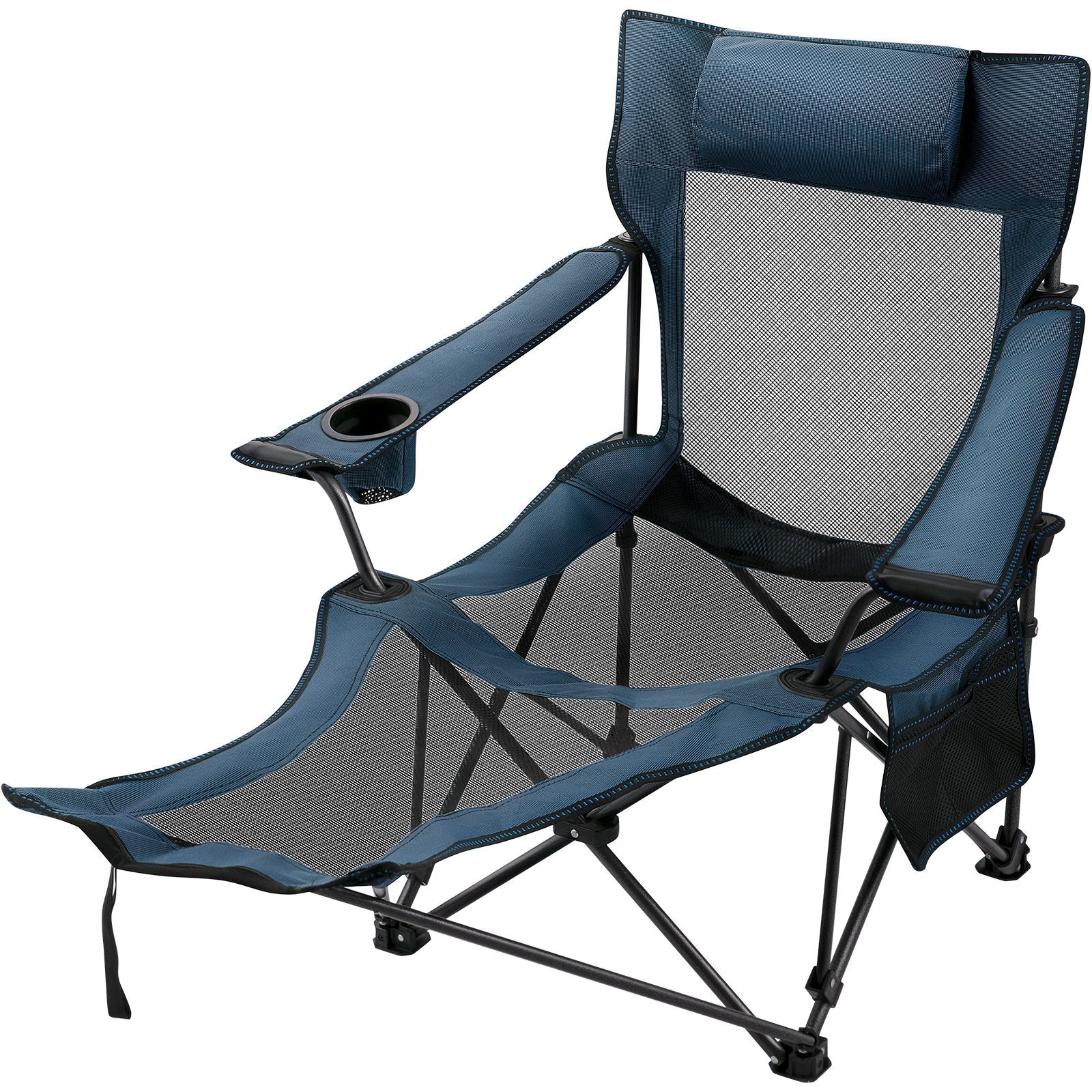 VEVOR Folding Camp Chair with Footrest Mesh, Portable Lounge Chair with Cup Holder and Storage Bag, for Camping Fishing and Other Outdoor Activities (Blue) 