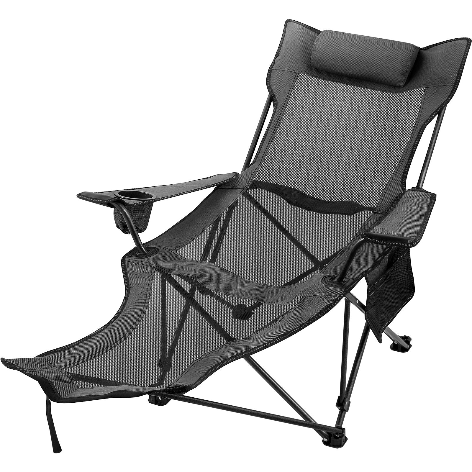 VEVOR Folding Camp Chair with Footrest Mesh, Portable Lounge Chair with Cup Holder and Storage Bag, for Camping Fishing and Other Outdoor Activities (Grey) 