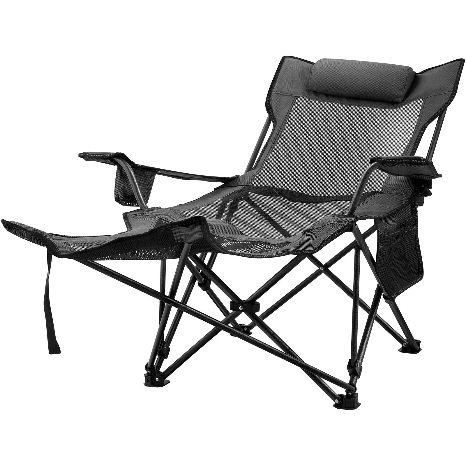 VEVOR Folding Camp Chair with Footrest Mesh, Portable Lounge Chair with Cup Holder and Storage Bag, for Camping Fishing and Other Outdoor Activities (Grey) 