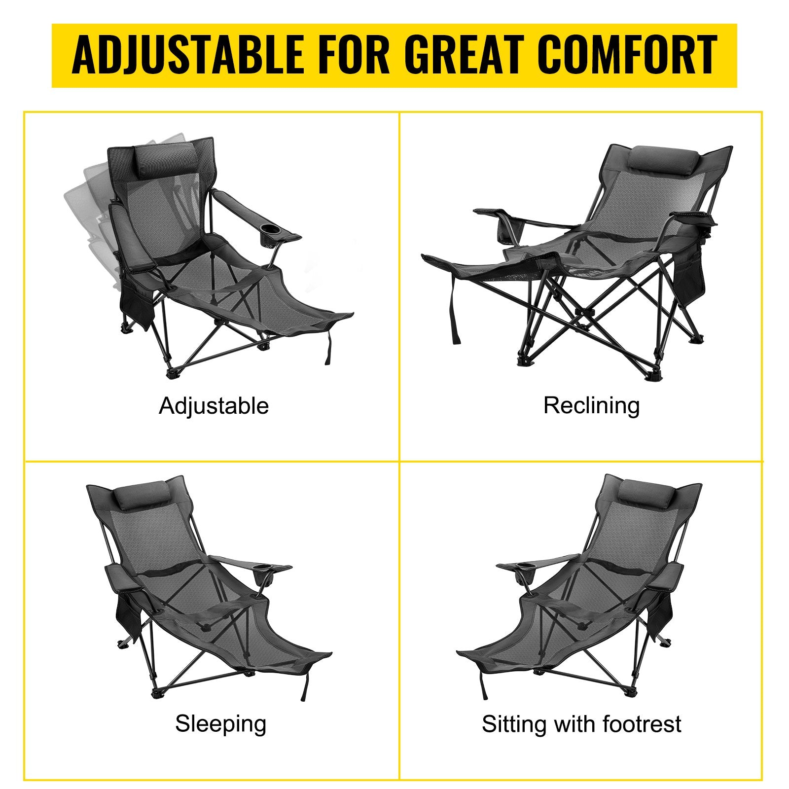 VEVOR Folding Camp Chair with Footrest Mesh, Portable Lounge Chair with Cup Holder and Storage Bag, for Camping Fishing and Other Outdoor Activities (Grey) 