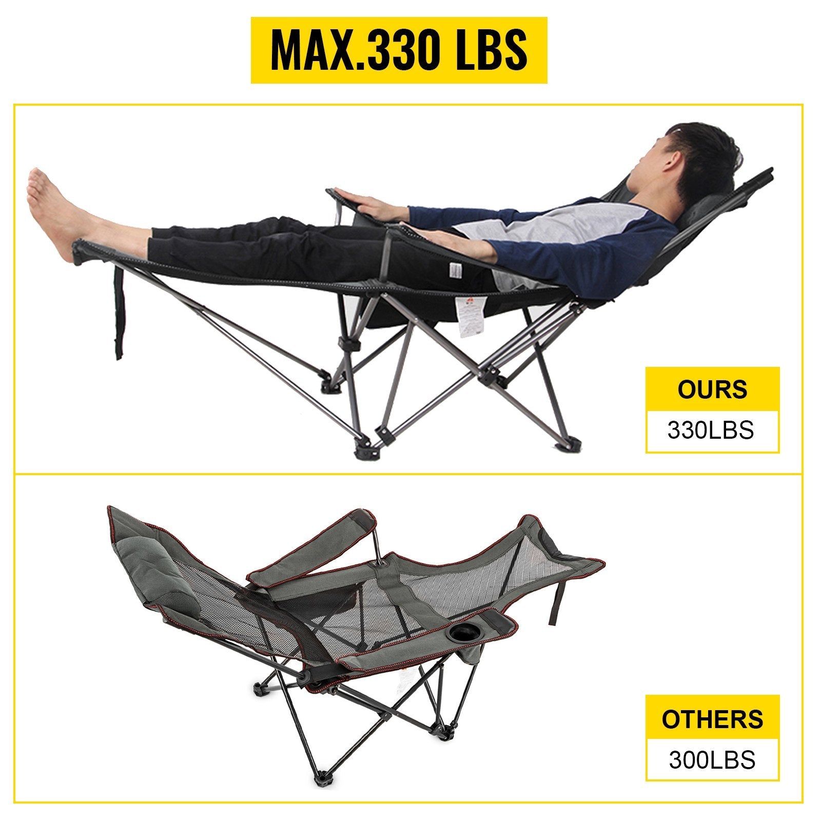 VEVOR Folding Camp Chair with Footrest Mesh, Portable Lounge Chair with Cup Holder and Storage Bag, for Camping Fishing and Other Outdoor Activities (Grey) 