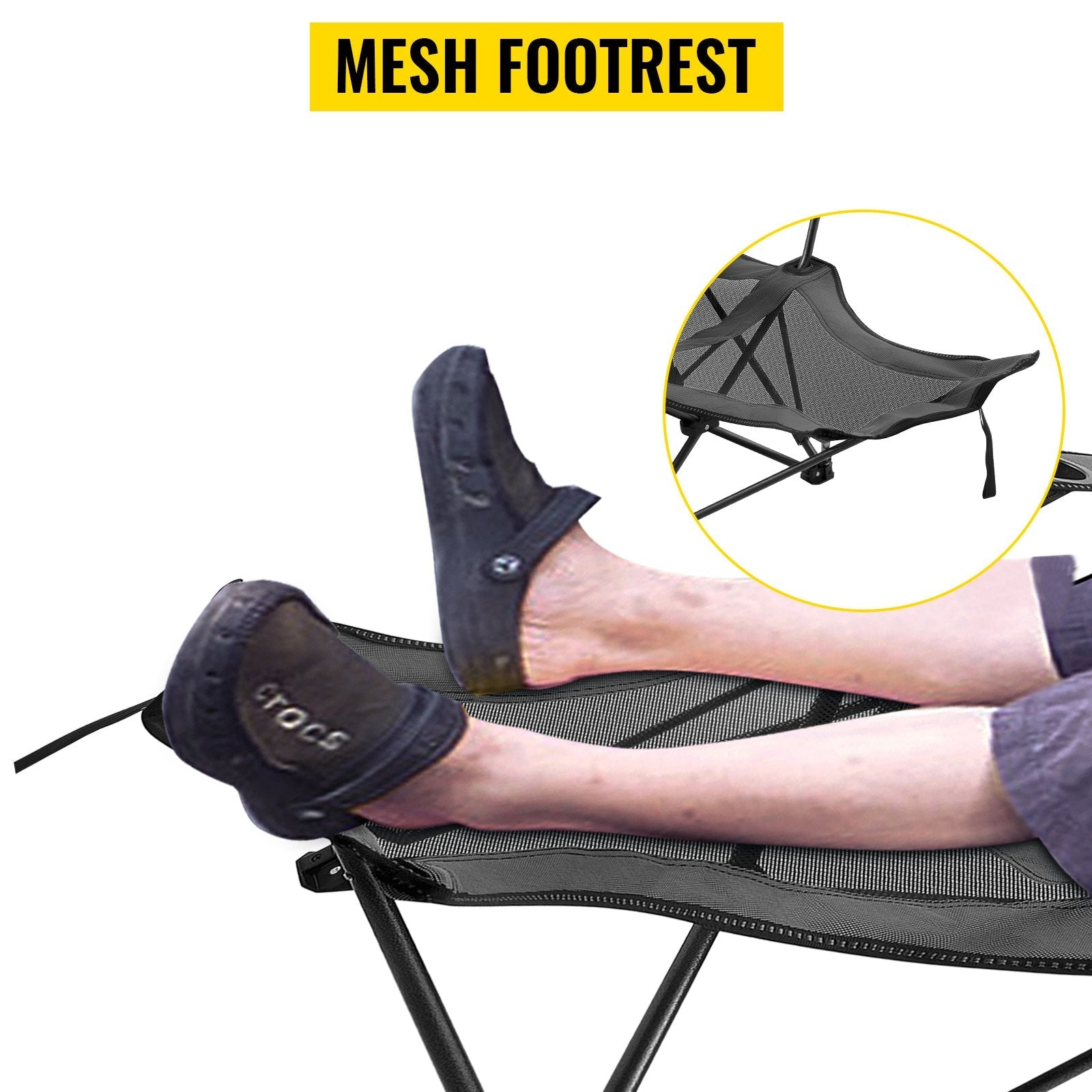 VEVOR Folding Camp Chair with Footrest Mesh, Portable Lounge Chair with Cup Holder and Storage Bag, for Camping Fishing and Other Outdoor Activities (Grey) 