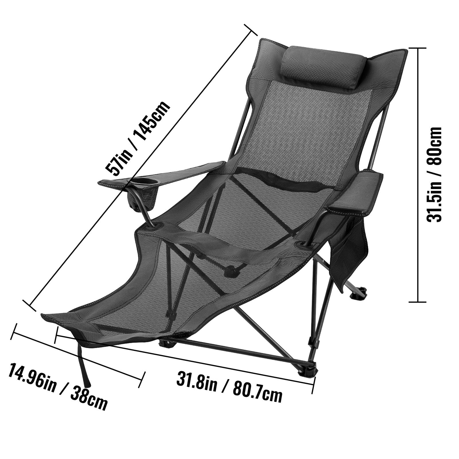 VEVOR Folding Camp Chair with Footrest Mesh, Portable Lounge Chair with Cup Holder and Storage Bag, for Camping Fishing and Other Outdoor Activities (Grey) 