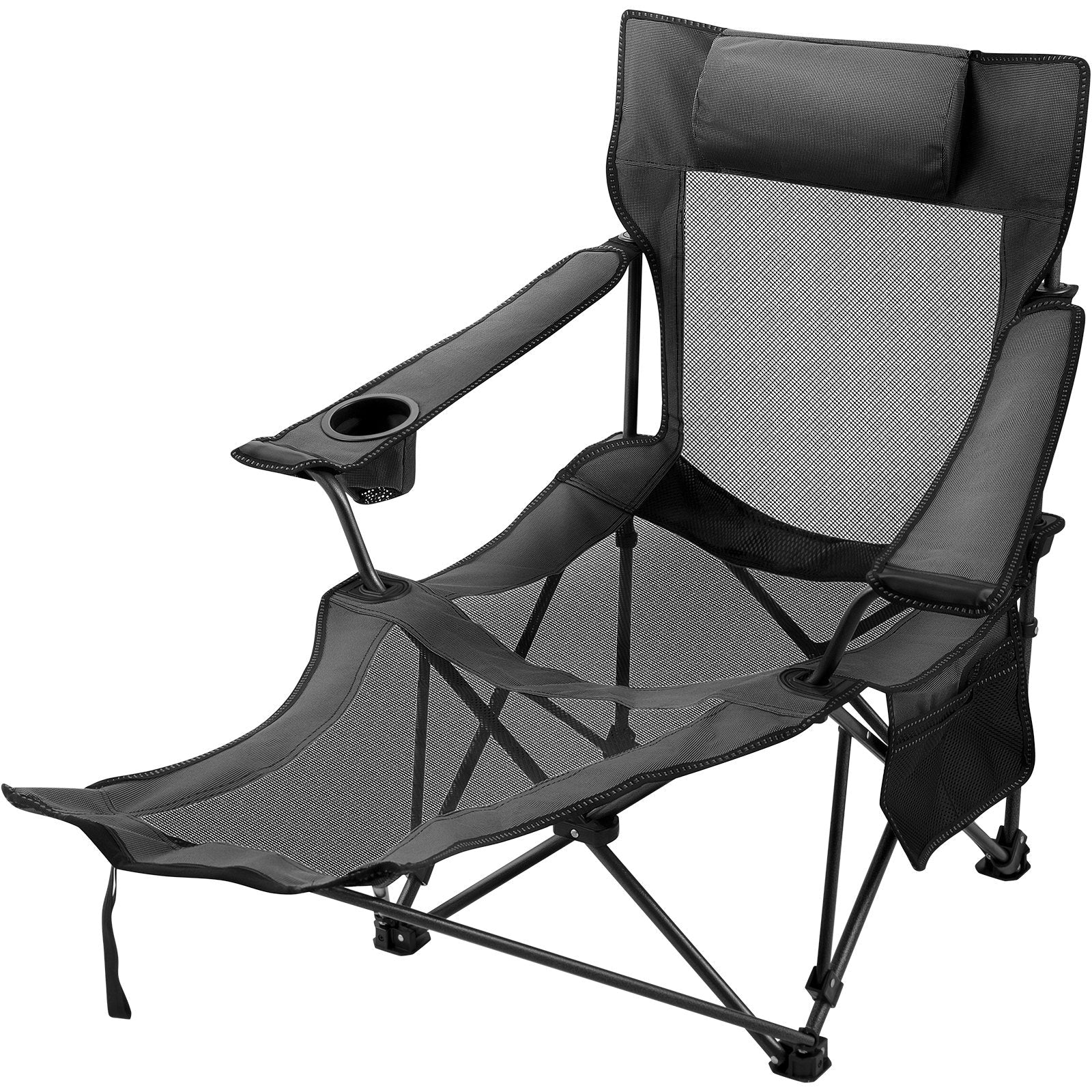 VEVOR Folding Camp Chair with Footrest Mesh, Portable Lounge Chair with Cup Holder and Storage Bag, for Camping Fishing and Other Outdoor Activities (Grey) 