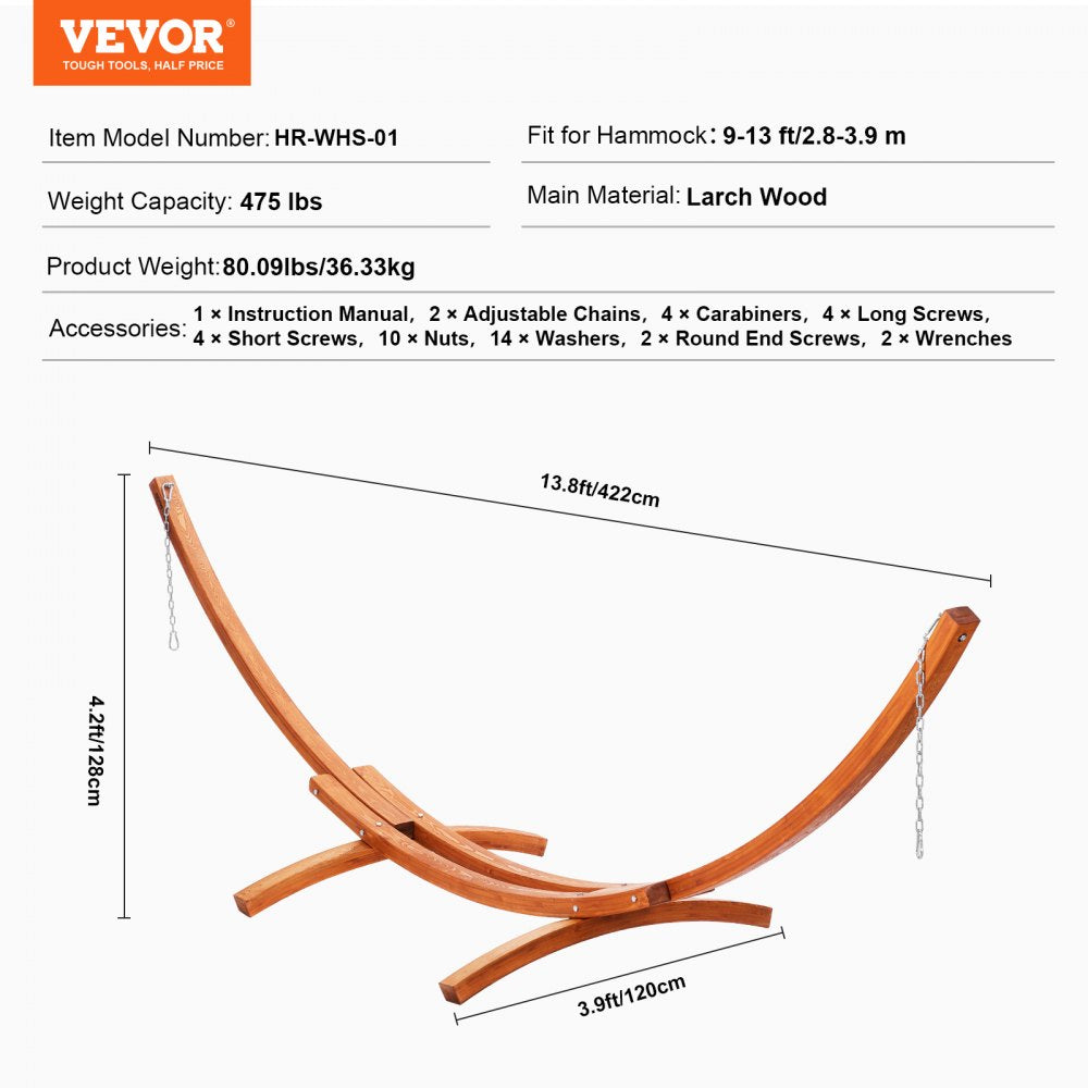 VEVOR Wooden Hammock Stand 475 lbs Capacity Hammock Frame Fits 9-13 ft Hammocks 