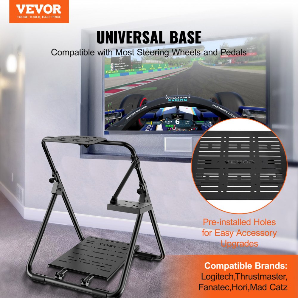 VEVOR Foldable Racing Steering Wheel Stand, Height Adjustable Universal Base Compatible with Logitech & Thrustmaster Racing Wheel and Pedal, Heavy-duty Frame Standard GT/Formula Seating Portable 
