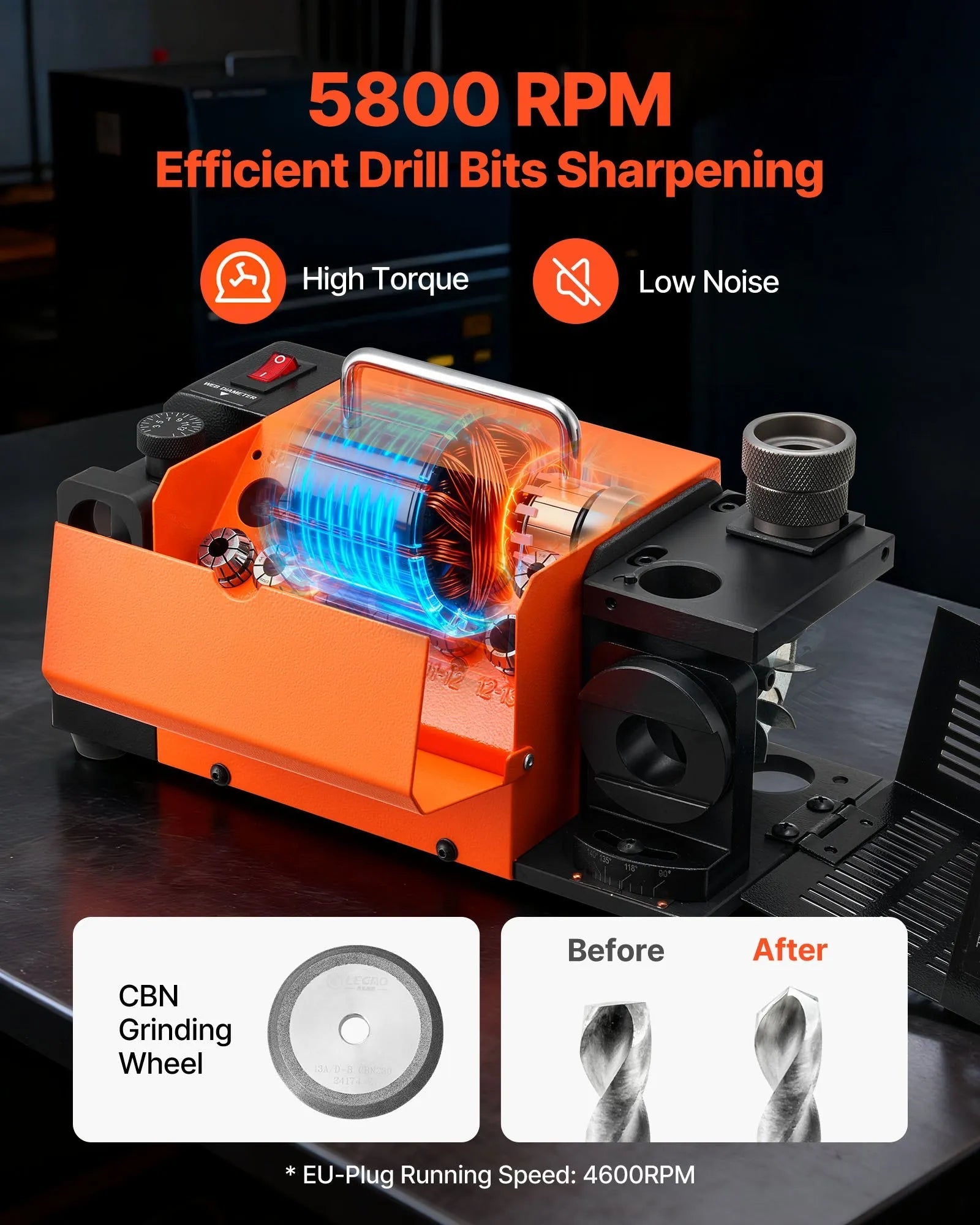 VEVOR Drill Bits Sharpener MR-13D, 3–13mm Professional Drill Bit Grinder with Adjustable Lip Relief Angle, Front Cutting Lip & 95°-135° Point Angle, 5800RPM Re-Sharpener with 11 Collets & CBN Wheel 