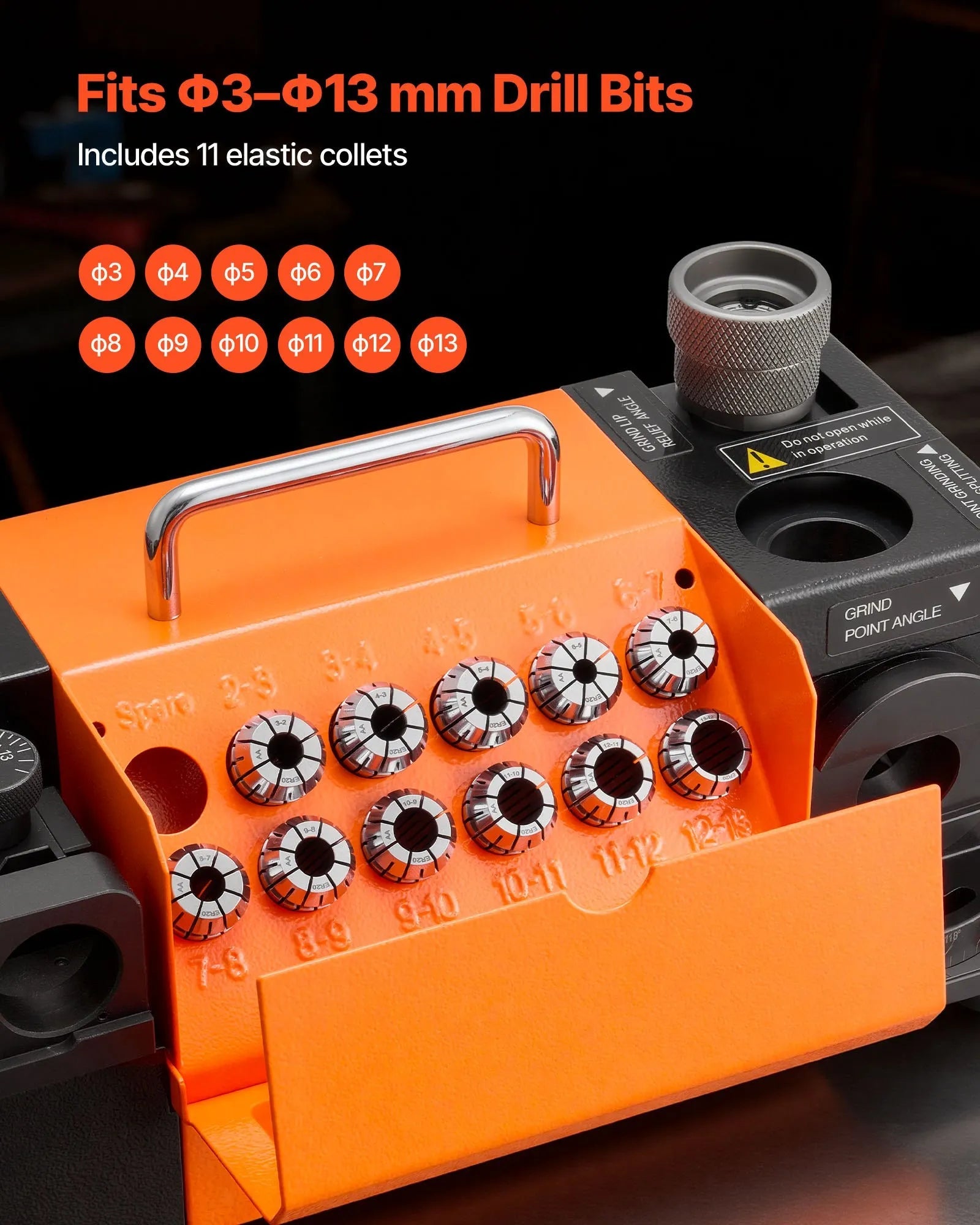 VEVOR Drill Bits Sharpener MR-13D, 3–13mm Professional Drill Bit Grinder with Adjustable Lip Relief Angle, Front Cutting Lip & 95°-135° Point Angle, 5800RPM Re-Sharpener with 11 Collets & CBN Wheel 