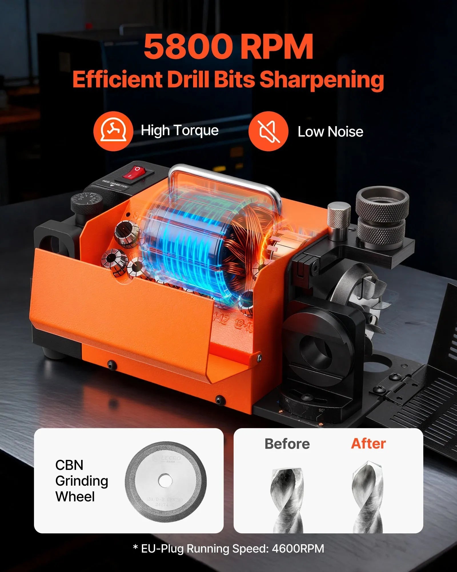 VEVOR Drill Bits Sharpener MR-13A, 3-15mm Drill Bit Grinder Sharpener with 95°-135° Adjustable Point Angle, 5800RPM High Speed Re-Sharpening Machine with 13 Collets & CBN Wheel for Workshops Garages 