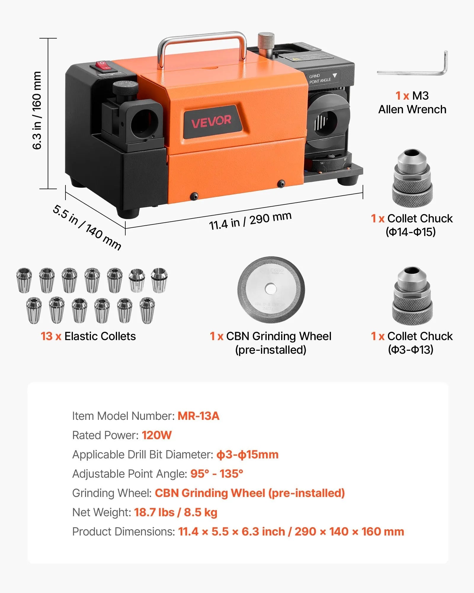 VEVOR Drill Bits Sharpener MR-13A, 3-15mm Drill Bit Grinder Sharpener with 95°-135° Adjustable Point Angle, 5800RPM High Speed Re-Sharpening Machine with 13 Collets & CBN Wheel for Workshops Garages 
