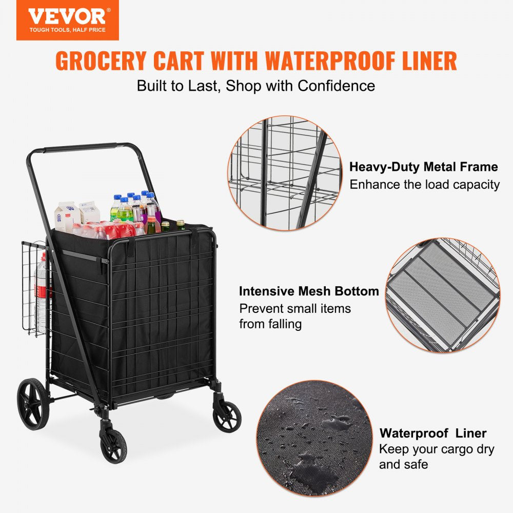 VEVOR Folding Shopping Cart with Removable Waterproof Liner, 330LBS Large Capacity Jumbo Grocery Cart with Dual Basket, 360° Swivel Wheels, Dense Metal Mesh Base, Heavy Duty Utility Cart for Shopping 