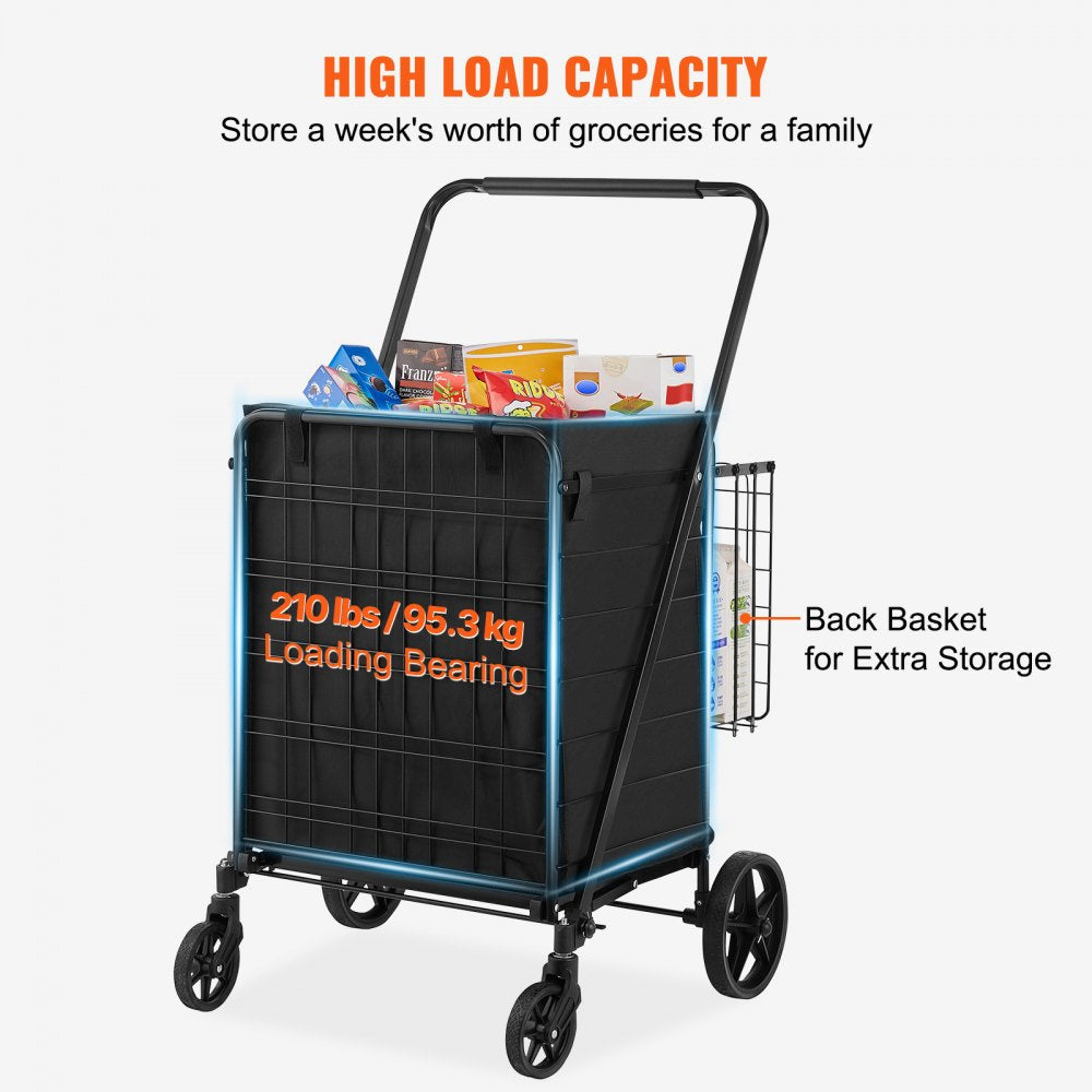 VEVOR Folding Shopping Cart with Removable Waterproof Liner, 330LBS Large Capacity Jumbo Grocery Cart with Dual Basket, 360° Swivel Wheels, Dense Metal Mesh Base, Heavy Duty Utility Cart for Shopping 