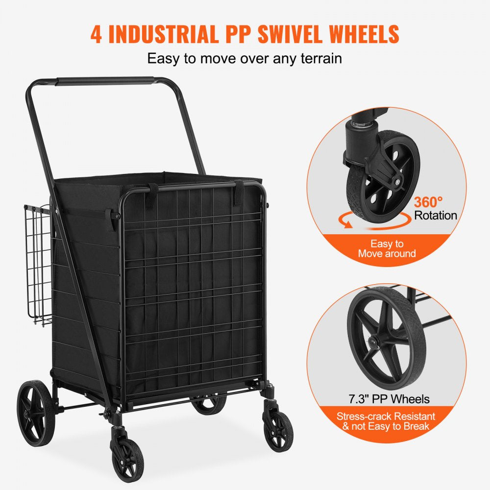 VEVOR Folding Shopping Cart with Removable Waterproof Liner, 330LBS Large Capacity Jumbo Grocery Cart with Dual Basket, 360° Swivel Wheels, Dense Metal Mesh Base, Heavy Duty Utility Cart for Shopping 