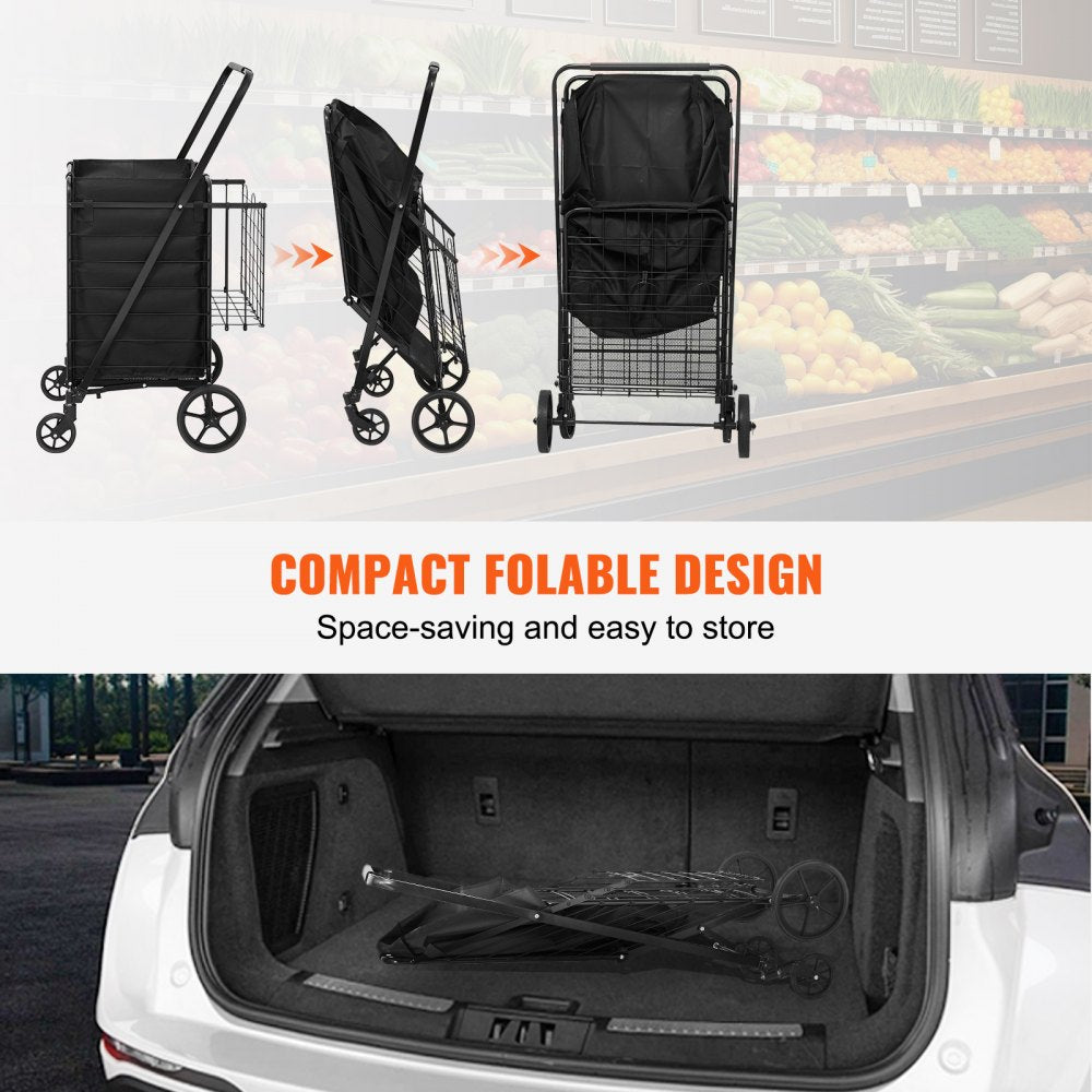 VEVOR Folding Shopping Cart with Removable Waterproof Liner, 330LBS Large Capacity Jumbo Grocery Cart with Dual Basket, 360° Swivel Wheels, Dense Metal Mesh Base, Heavy Duty Utility Cart for Shopping 
