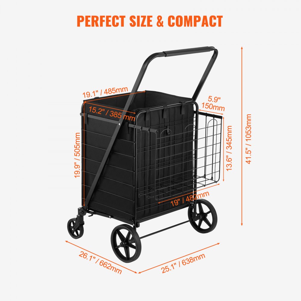 VEVOR Folding Shopping Cart with Removable Waterproof Liner, 330LBS Large Capacity Jumbo Grocery Cart with Dual Basket, 360° Swivel Wheels, Dense Metal Mesh Base, Heavy Duty Utility Cart for Shopping 