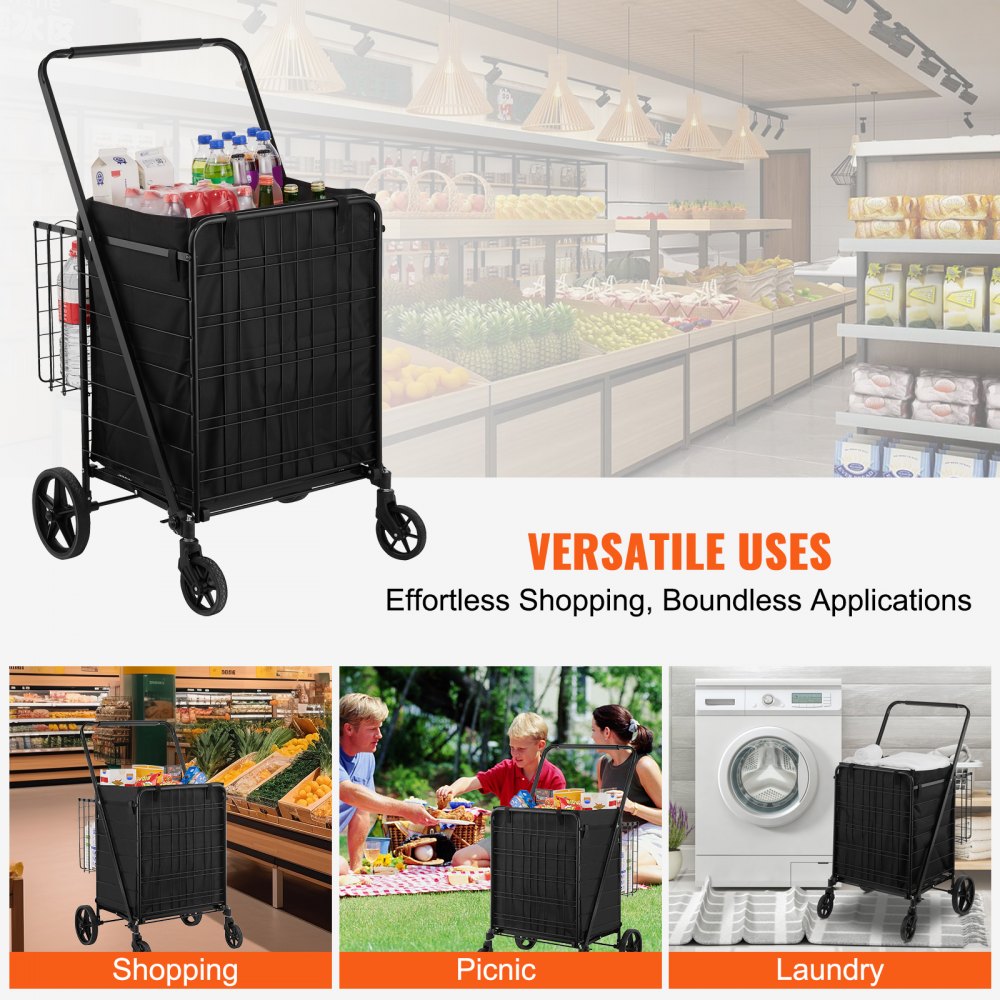 VEVOR Folding Shopping Cart with Removable Waterproof Liner, 330LBS Large Capacity Jumbo Grocery Cart with Dual Basket, 360° Swivel Wheels, Dense Metal Mesh Base, Heavy Duty Utility Cart for Shopping 