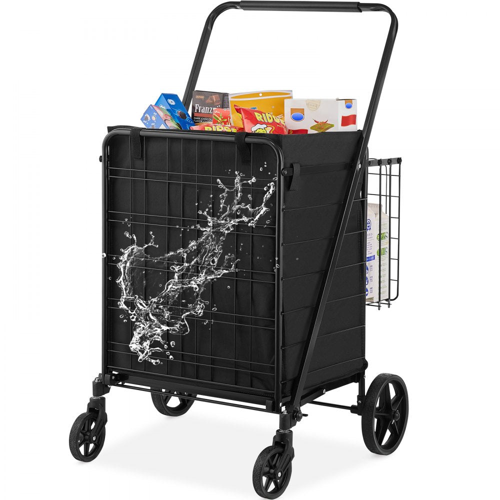 VEVOR Folding Shopping Cart with Removable Waterproof Liner, 330LBS Large Capacity Jumbo Grocery Cart with Dual Basket, 360° Swivel Wheels, Dense Metal Mesh Base, Heavy Duty Utility Cart for Shopping 