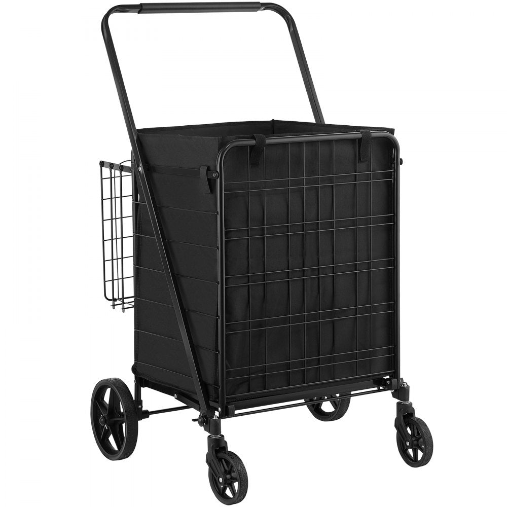 VEVOR Folding Shopping Cart with Removable Waterproof Liner, 330LBS Large Capacity Jumbo Grocery Cart with Dual Basket, 360° Swivel Wheels, Dense Metal Mesh Base, Heavy Duty Utility Cart for Shopping 