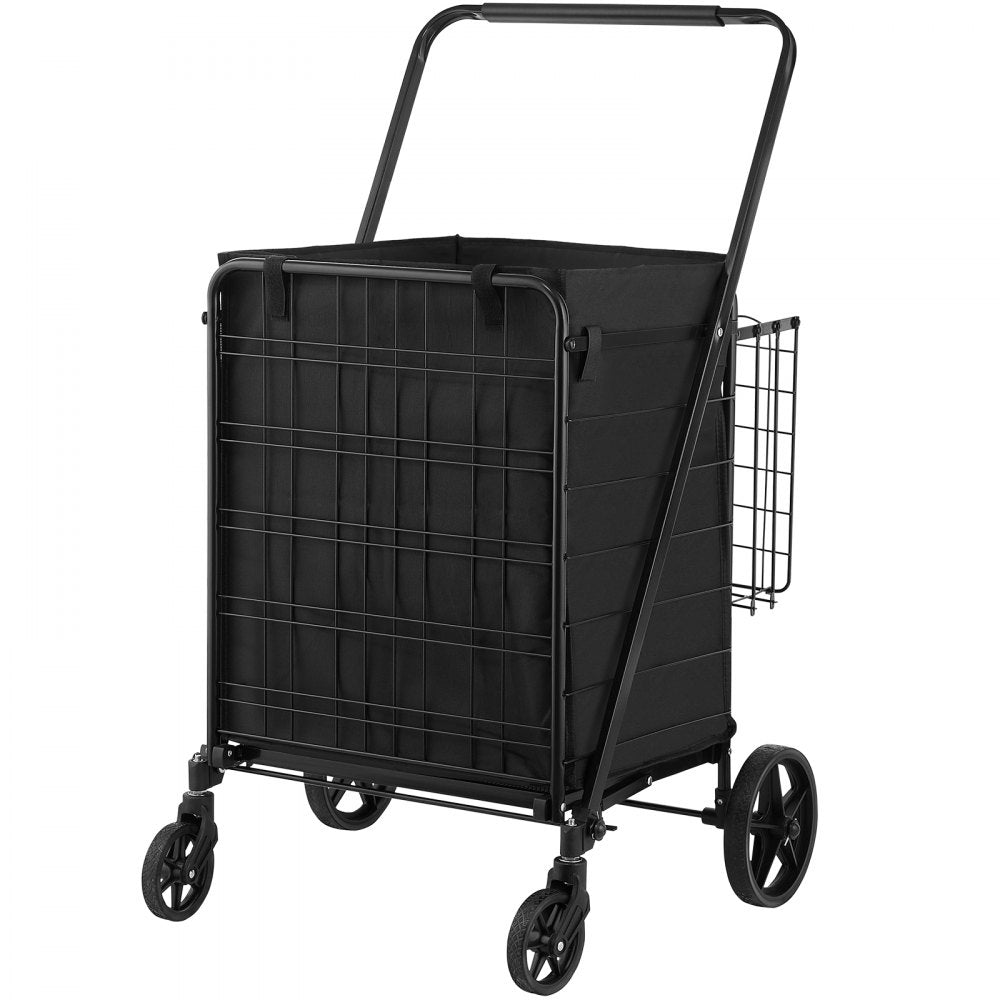 VEVOR Folding Shopping Cart with Removable Waterproof Liner, 330LBS Large Capacity Jumbo Grocery Cart with Dual Basket, 360° Swivel Wheels, Dense Metal Mesh Base, Heavy Duty Utility Cart for Shopping 