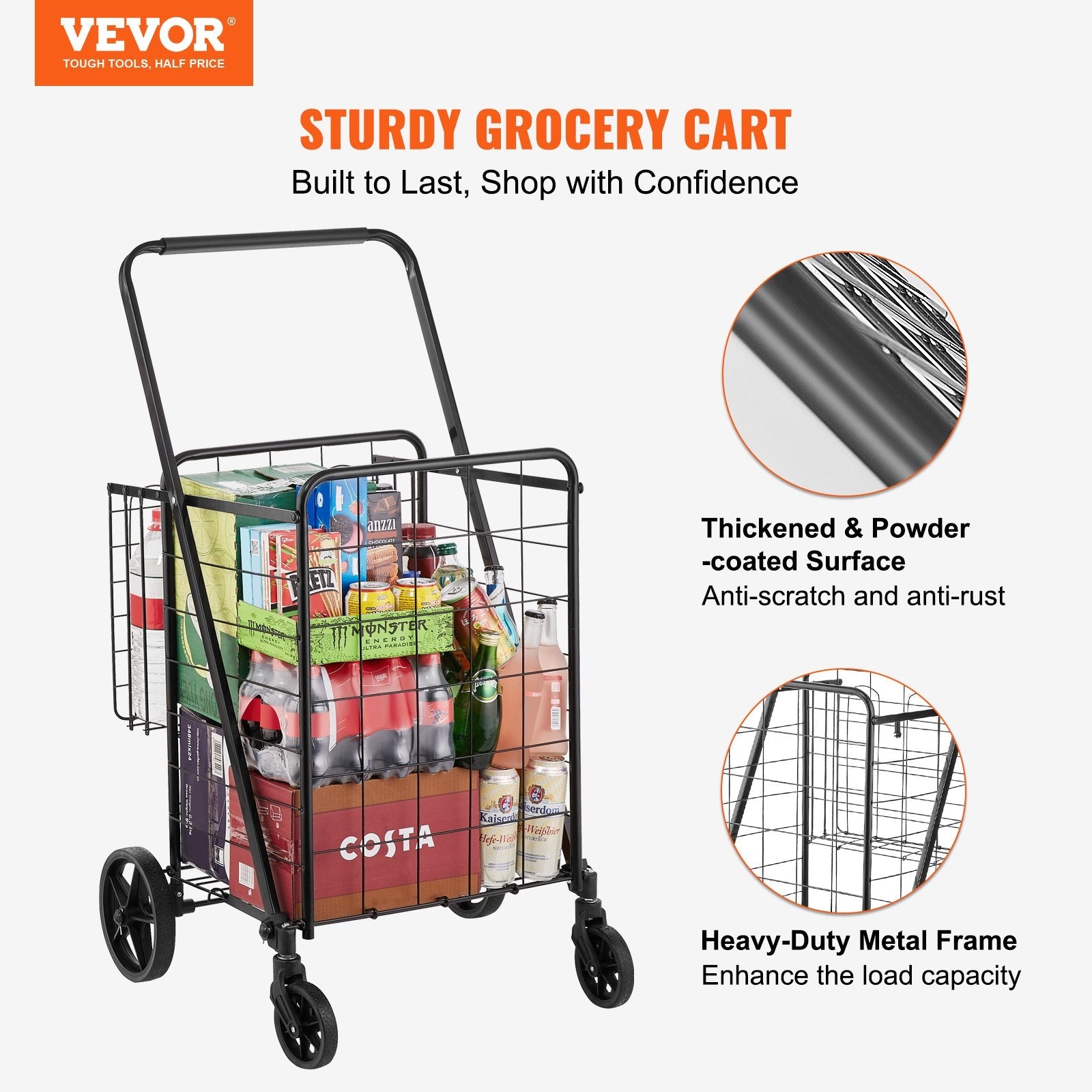 VEVOR Folding Shopping Cart, Jumbo Grocery Cart with Double Baskets, 360° Swivel Wheels, Heavy Duty Utility Cart, 110 LBS Large Capacity Utility Cart for Laundry, Shopping, Grocery, Luggage 