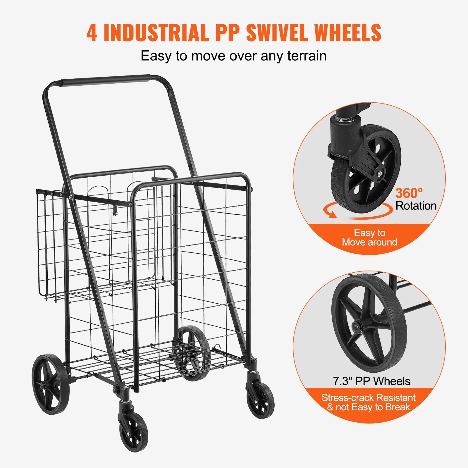 VEVOR Folding Shopping Cart, Jumbo Grocery Cart with Double Baskets, 360° Swivel Wheels, Heavy Duty Utility Cart, 110 LBS Large Capacity Utility Cart for Laundry, Shopping, Grocery, Luggage 