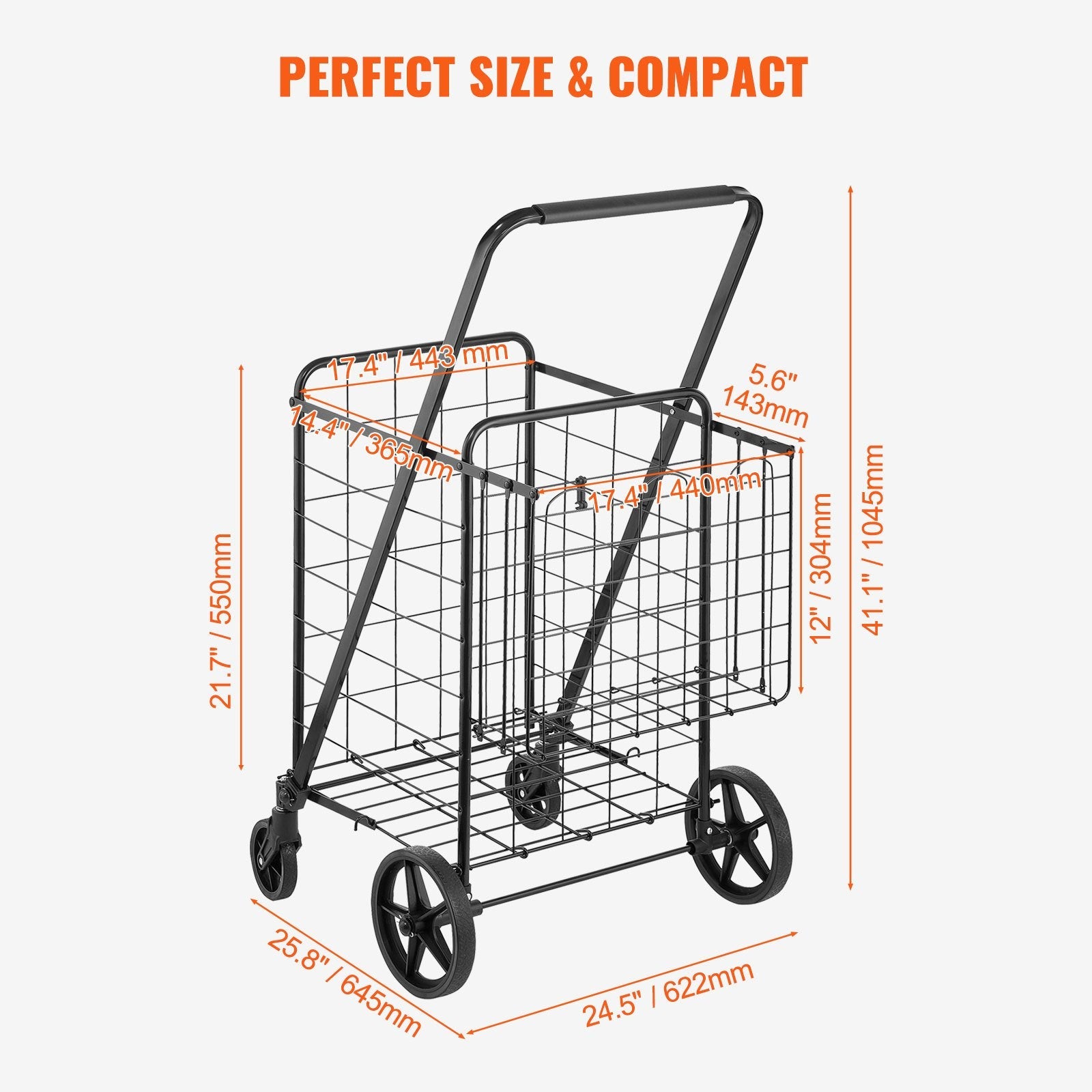 VEVOR Folding Shopping Cart, Jumbo Grocery Cart with Double Baskets, 360° Swivel Wheels, Heavy Duty Utility Cart, 110 LBS Large Capacity Utility Cart for Laundry, Shopping, Grocery, Luggage 