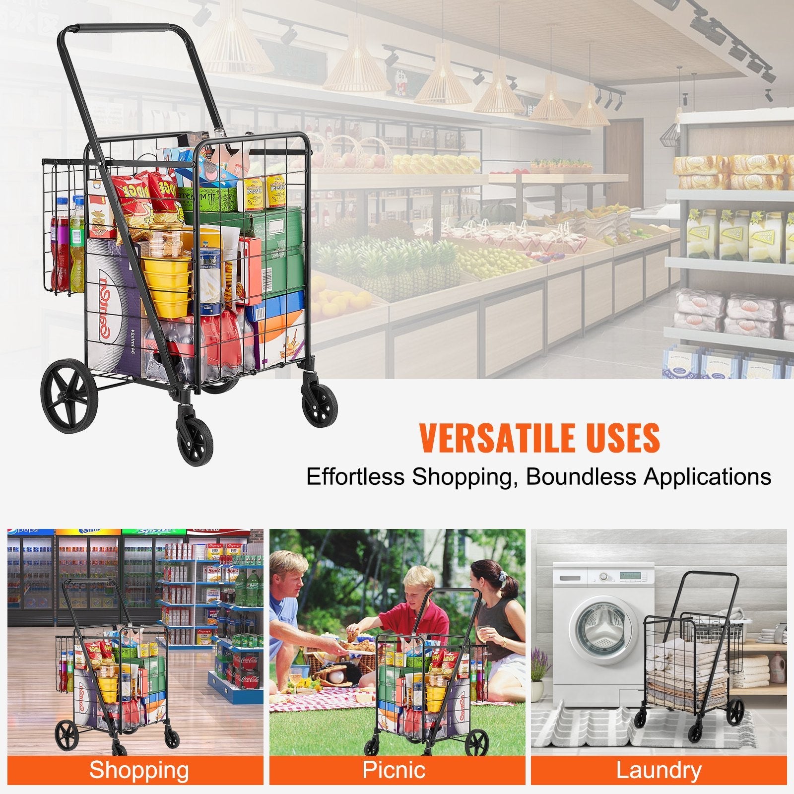 VEVOR Folding Shopping Cart, Jumbo Grocery Cart with Double Baskets, 360° Swivel Wheels, Heavy Duty Utility Cart, 110 LBS Large Capacity Utility Cart for Laundry, Shopping, Grocery, Luggage 