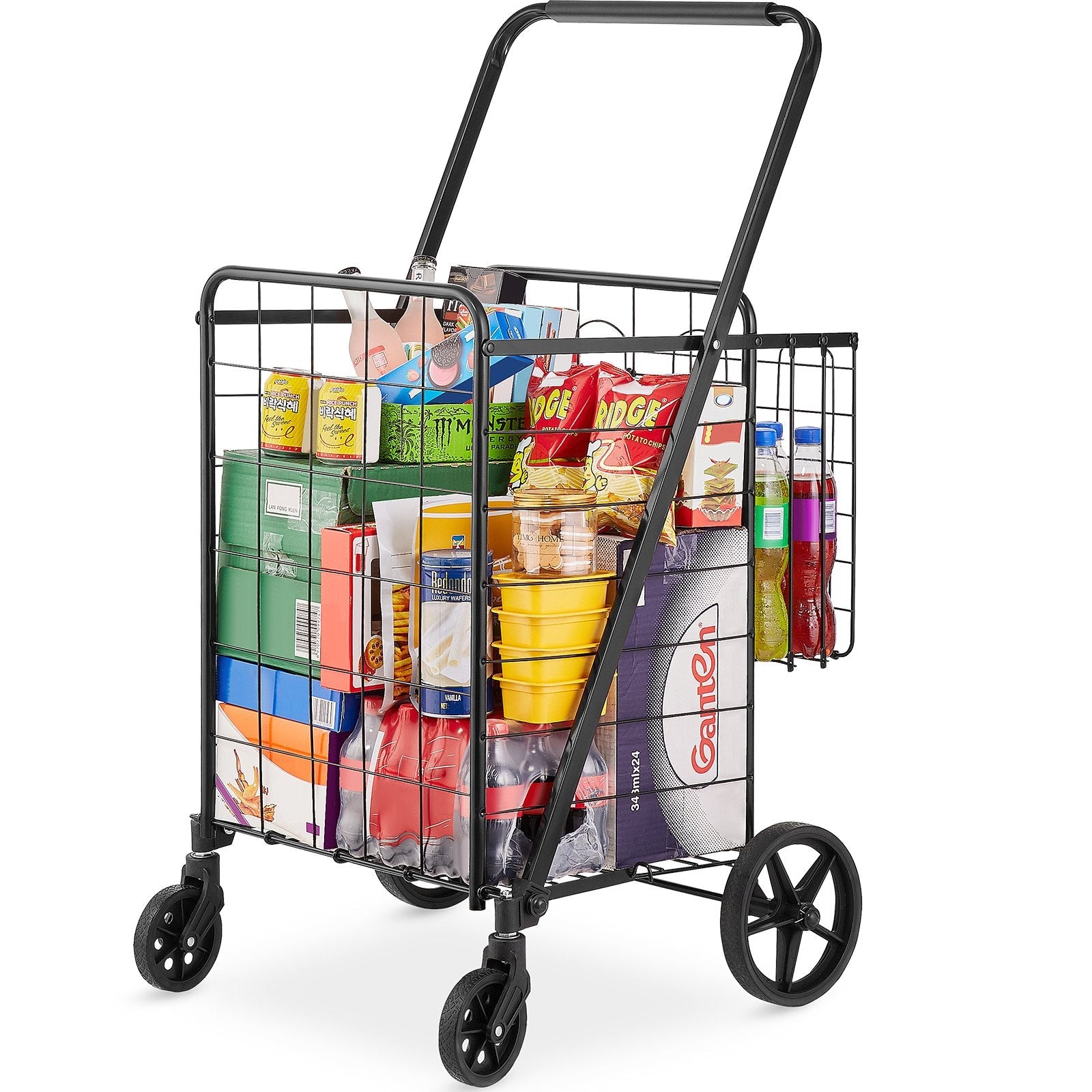 VEVOR Folding Shopping Cart, Jumbo Grocery Cart with Double Baskets, 360° Swivel Wheels, Heavy Duty Utility Cart, 110 LBS Large Capacity Utility Cart for Laundry, Shopping, Grocery, Luggage 