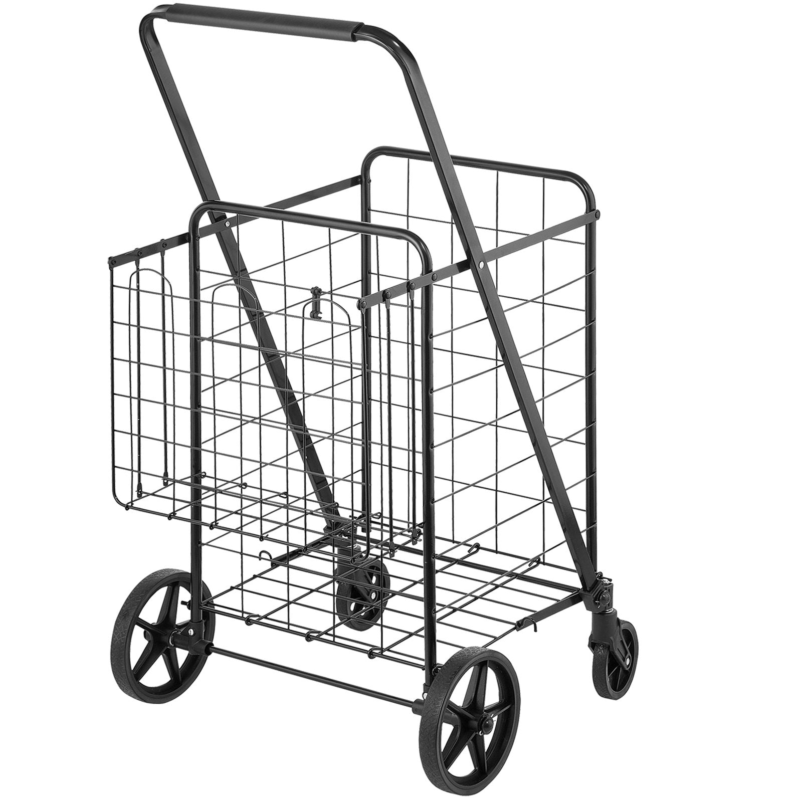 VEVOR Folding Shopping Cart, Jumbo Grocery Cart with Double Baskets, 360° Swivel Wheels, Heavy Duty Utility Cart, 110 LBS Large Capacity Utility Cart for Laundry, Shopping, Grocery, Luggage 
