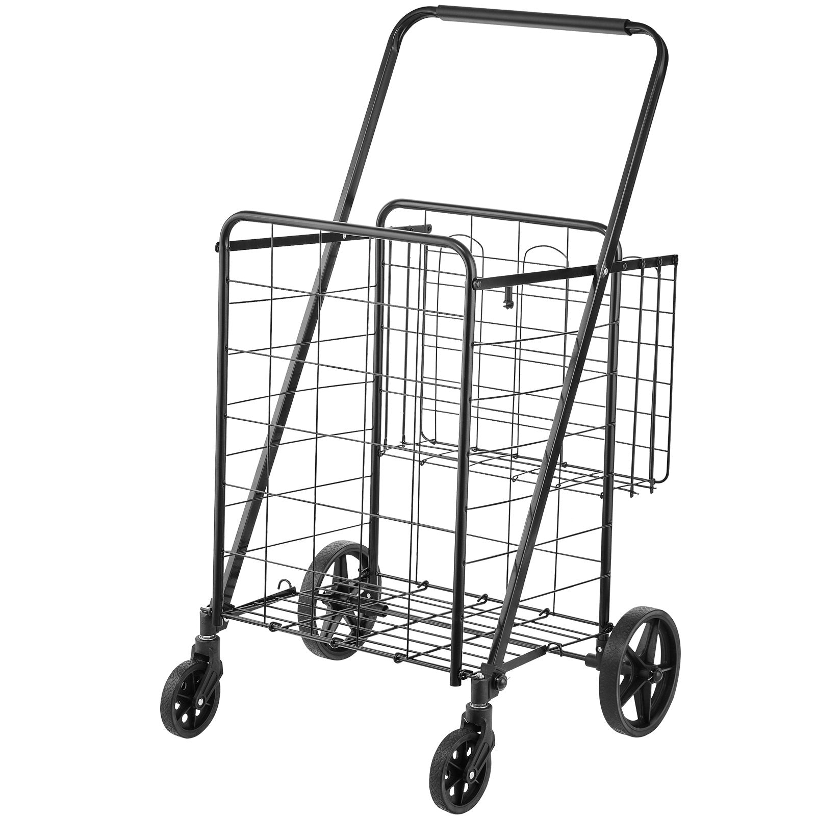 VEVOR Folding Shopping Cart, Jumbo Grocery Cart with Double Baskets, 360° Swivel Wheels, Heavy Duty Utility Cart, 110 LBS Large Capacity Utility Cart for Laundry, Shopping, Grocery, Luggage 