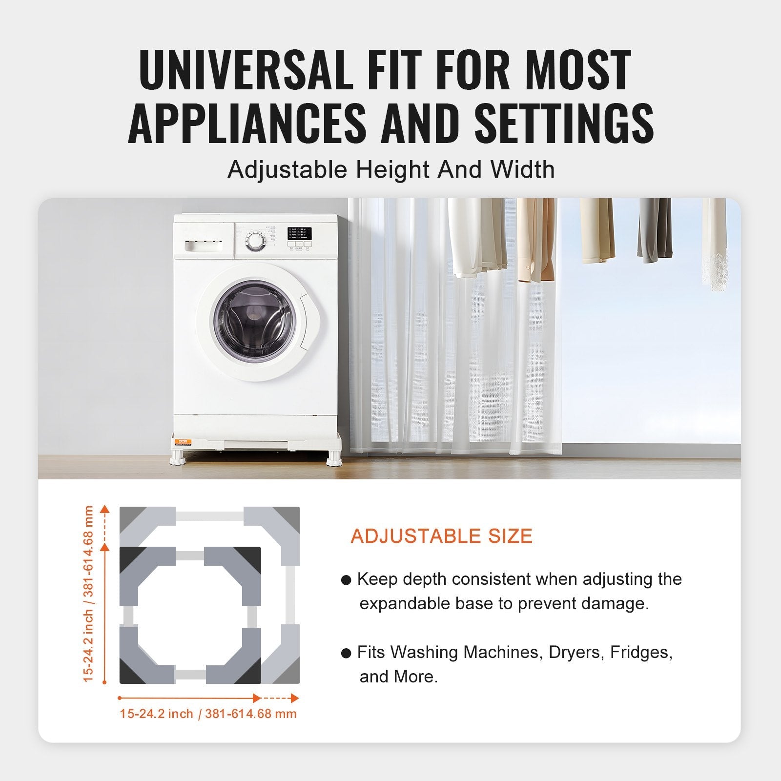 VEVOR Mini Fridge Stand Universal Laundry Pedestal, Adjustable with 4 Strong Feet, Washing Machine Base Multi-Functional for Washer And Dryer, 15"-24.2"W Expandable 