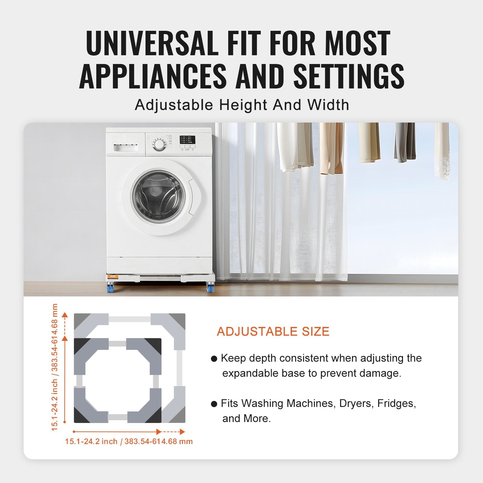 VEVOR Mini Fridge Stand Universal Laundry Pedestal, Adjustable Refrigerator Stand with Smooth Casters, Washing Machine Pedestal Multi-Functional Base for Washer And Dryer, 15"-24.2"W Expandable 