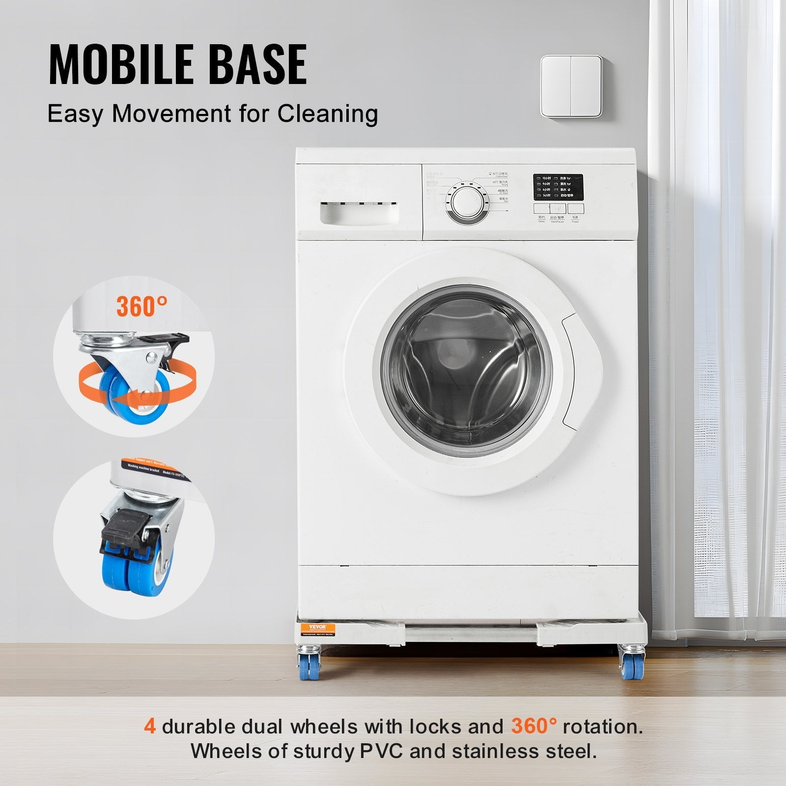 VEVOR Mini Fridge Stand Universal Laundry Pedestal, Adjustable Refrigerator Stand with Smooth Casters, Washing Machine Pedestal Multi-Functional Base for Washer And Dryer, 15"-24.2"W Expandable 