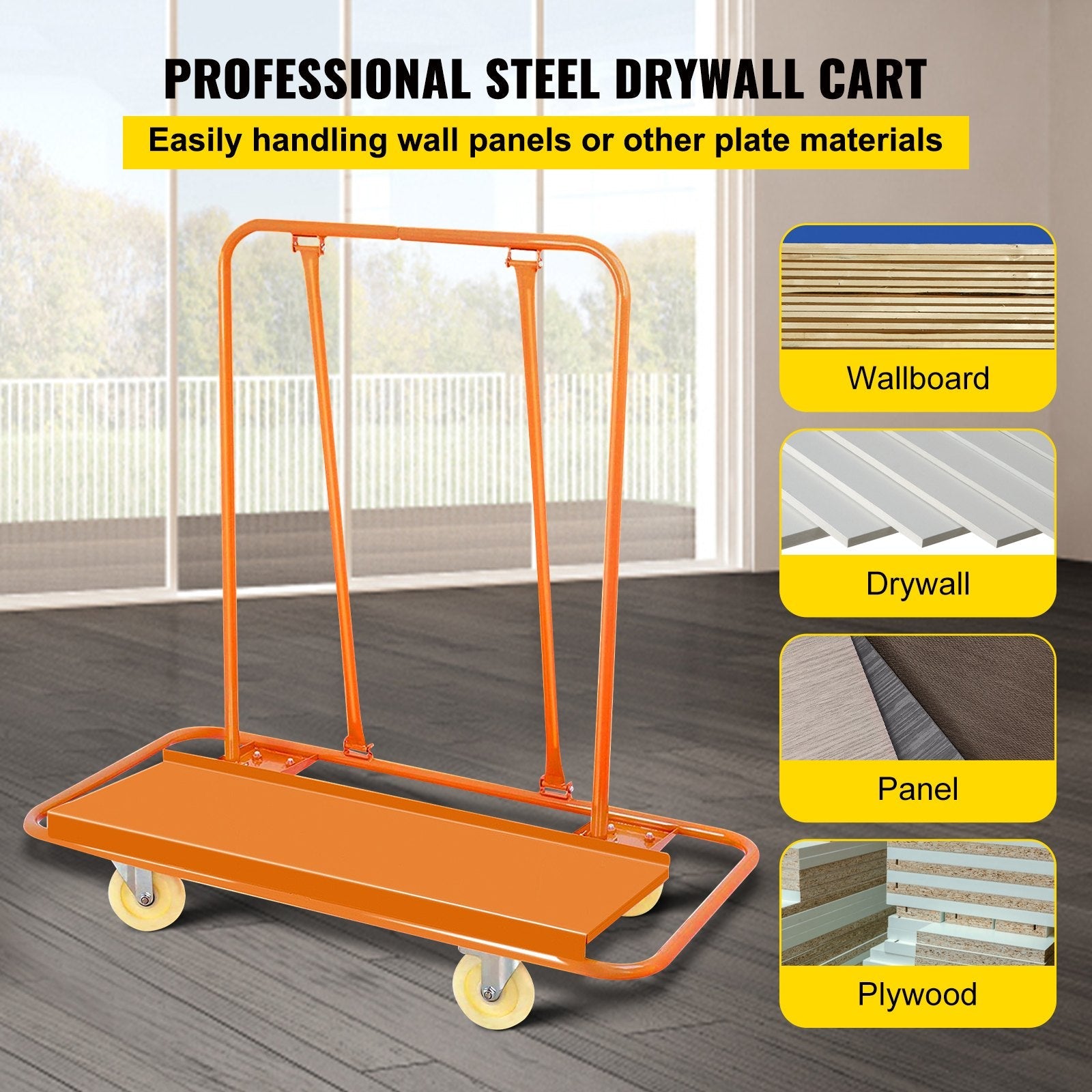 VEVOR Drywall Cart 1600LBS Load Capacity Drywall Cart Dolly Handling Sheetrock Sheet Panel Service Cart Heavy Duty Casters 