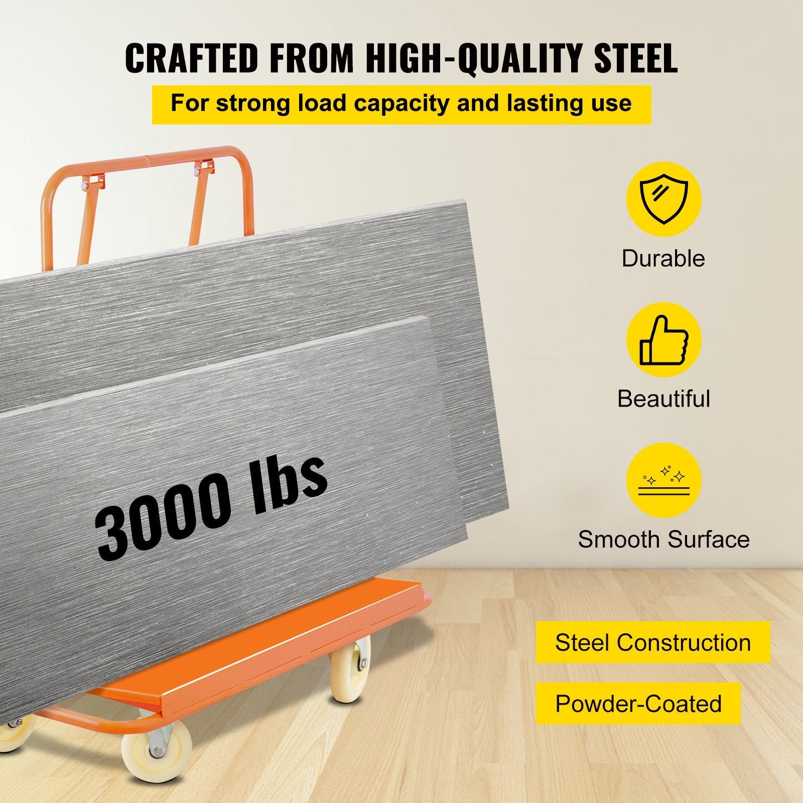 VEVOR Drywall Cart 1600LBS Load Capacity Drywall Cart Dolly Handling Sheetrock Sheet Panel Service Cart Heavy Duty Casters 