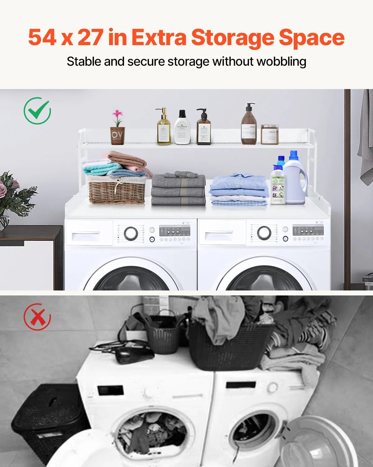 VEVOR Washer Dryer Countertop with Shelf 54"x27" Wooden Washer Dryer Cover White