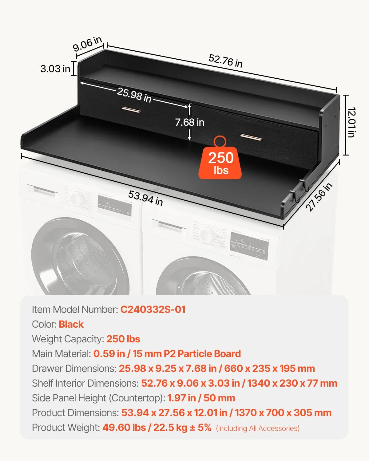 VEVOR Washer Dryer Countertop 54x27" Laundry Topper Cover with 2 Drawers & Shelf