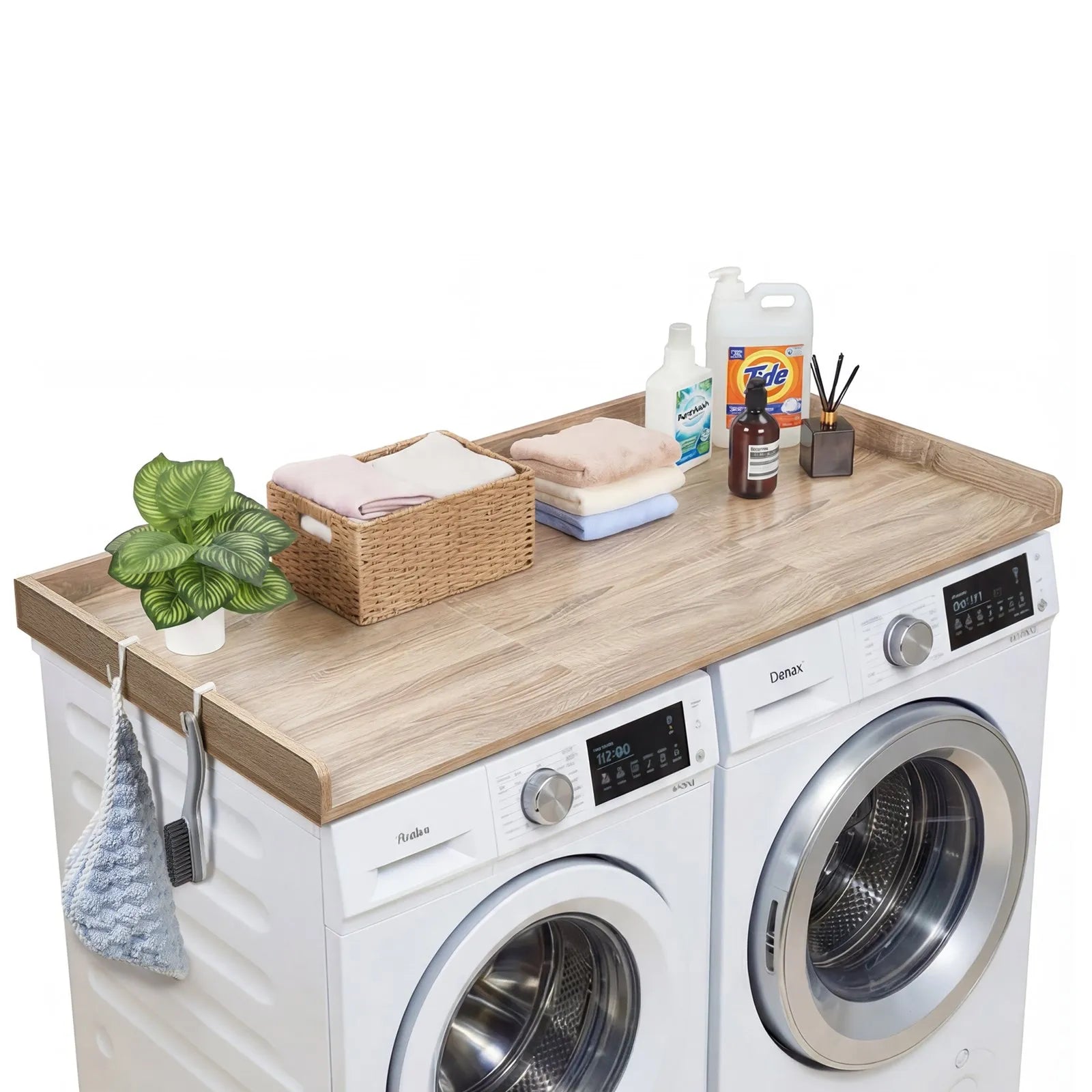 Washer Dryer Countertop 54" x 27.5", Wooden Laundry Topper with Raised Edge & Hooks, Water-Resistant Oak Storage Shelf